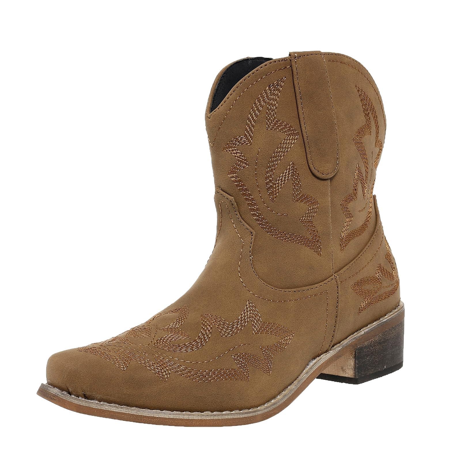 Cowboy Short Boots for Women Embroidered Stitched Wedding Western Cowgirl Ankle Booties Low Chunky Heels Pointed Toe Mid