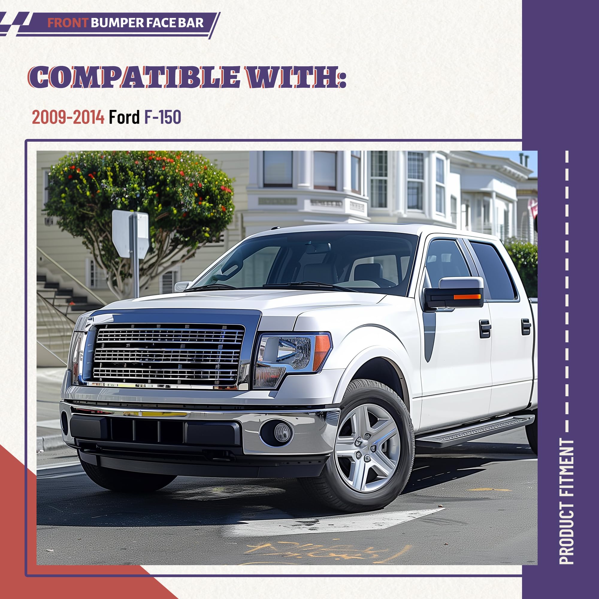 HECASA 3Pcs Front Bumper Face Bar Compatible with 2009-2014 Ford F150 Replacement for FO1002411 9L3Z17757B Chrome w/Fog Light Holes Steel Unassembled