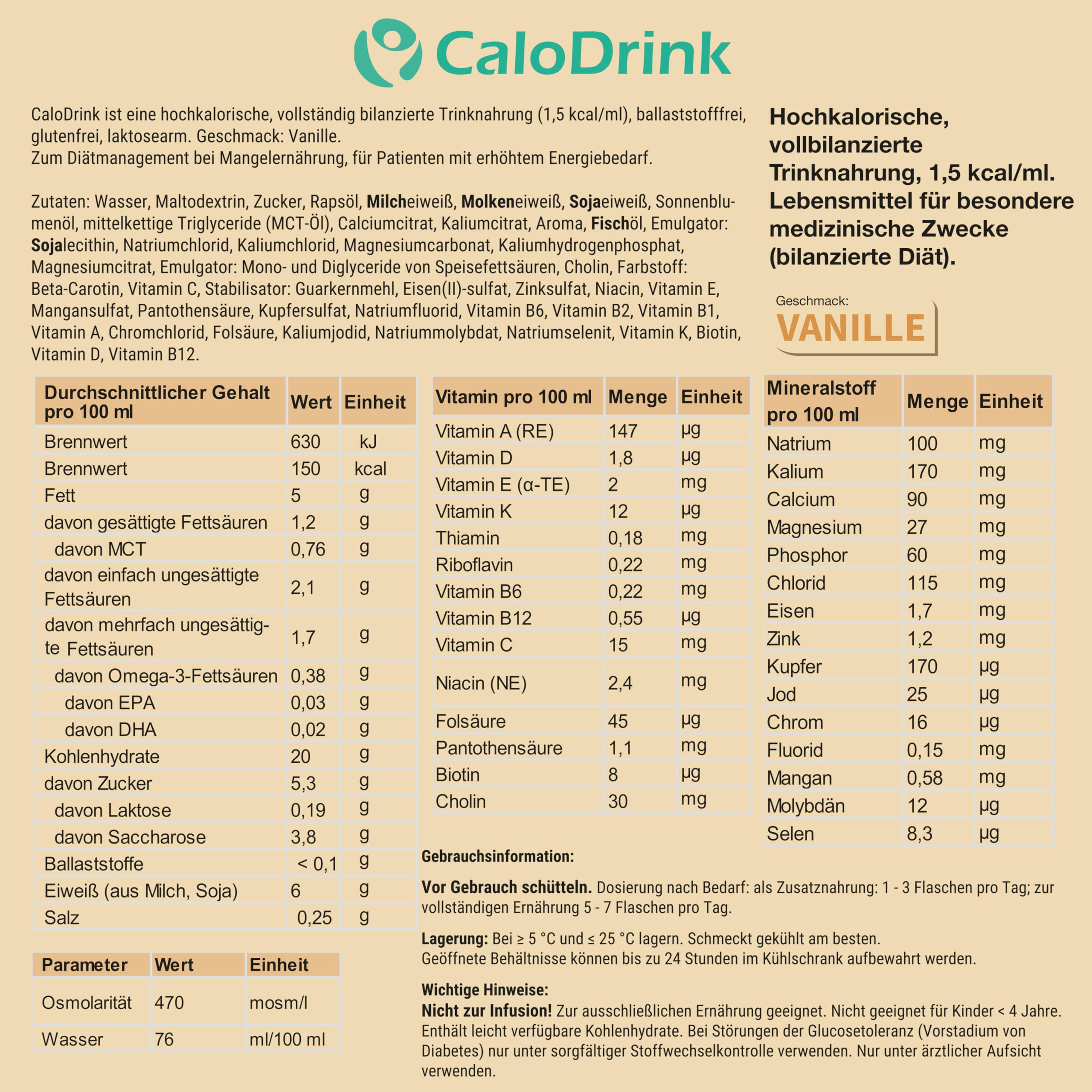 𝗖𝗮𝗹𝗼𝗗𝗿𝗶𝗻𝗸 Vanille 24x200 ml vollständig bilanzierte hochkalorische Trinknahrung | Astronautennahrung & Trinkmahlzeit zum Zunehmen | Aufbaukost & Aufbaunahrung | 300 kcal pro Flasche