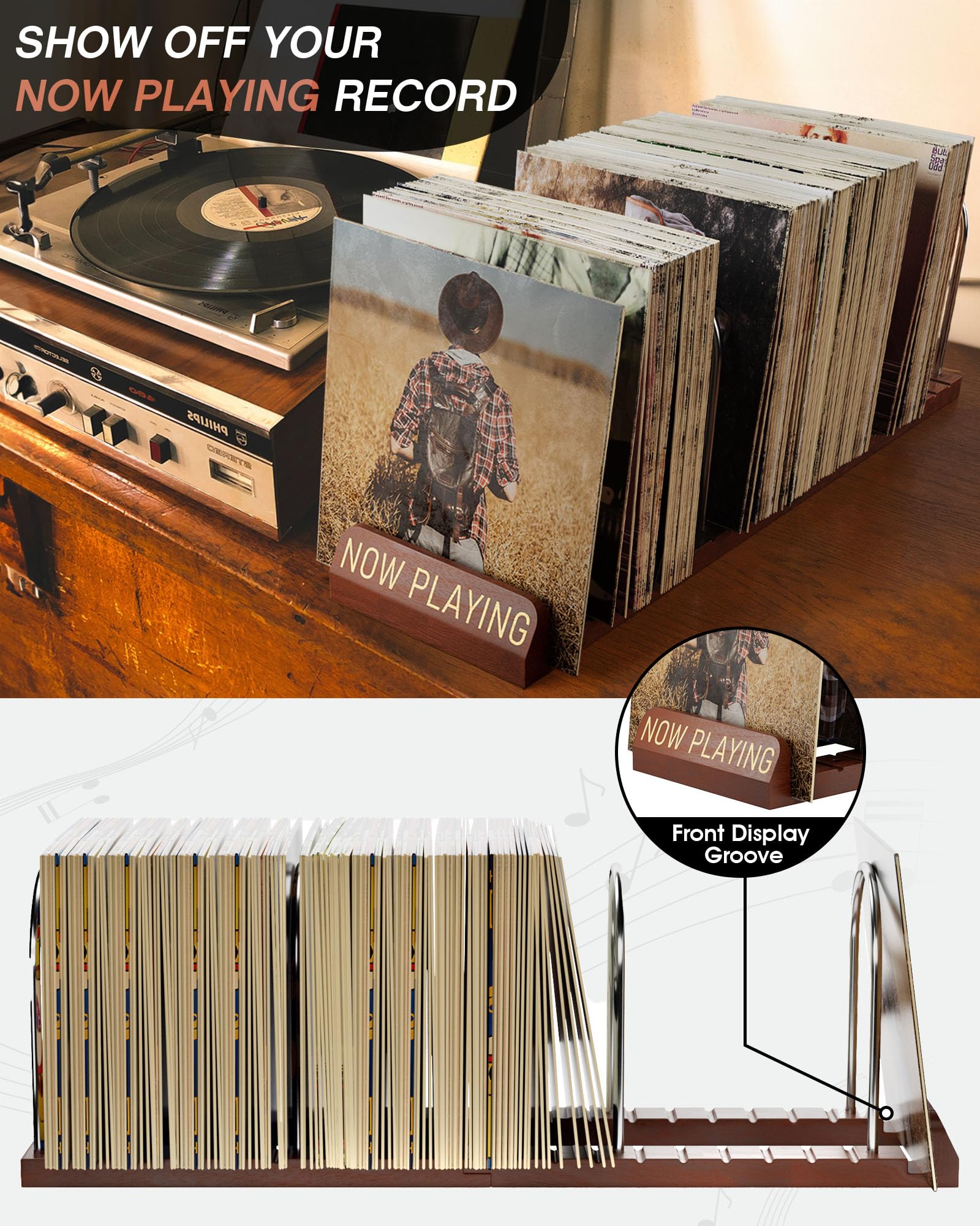 BS-VOG Now Playing - Supporto per dischi in vinile, 150 LP in vinile, con scanalature antiscivolo, supporto per dischi in vinile per album, organizer per dischi, confezione regalo