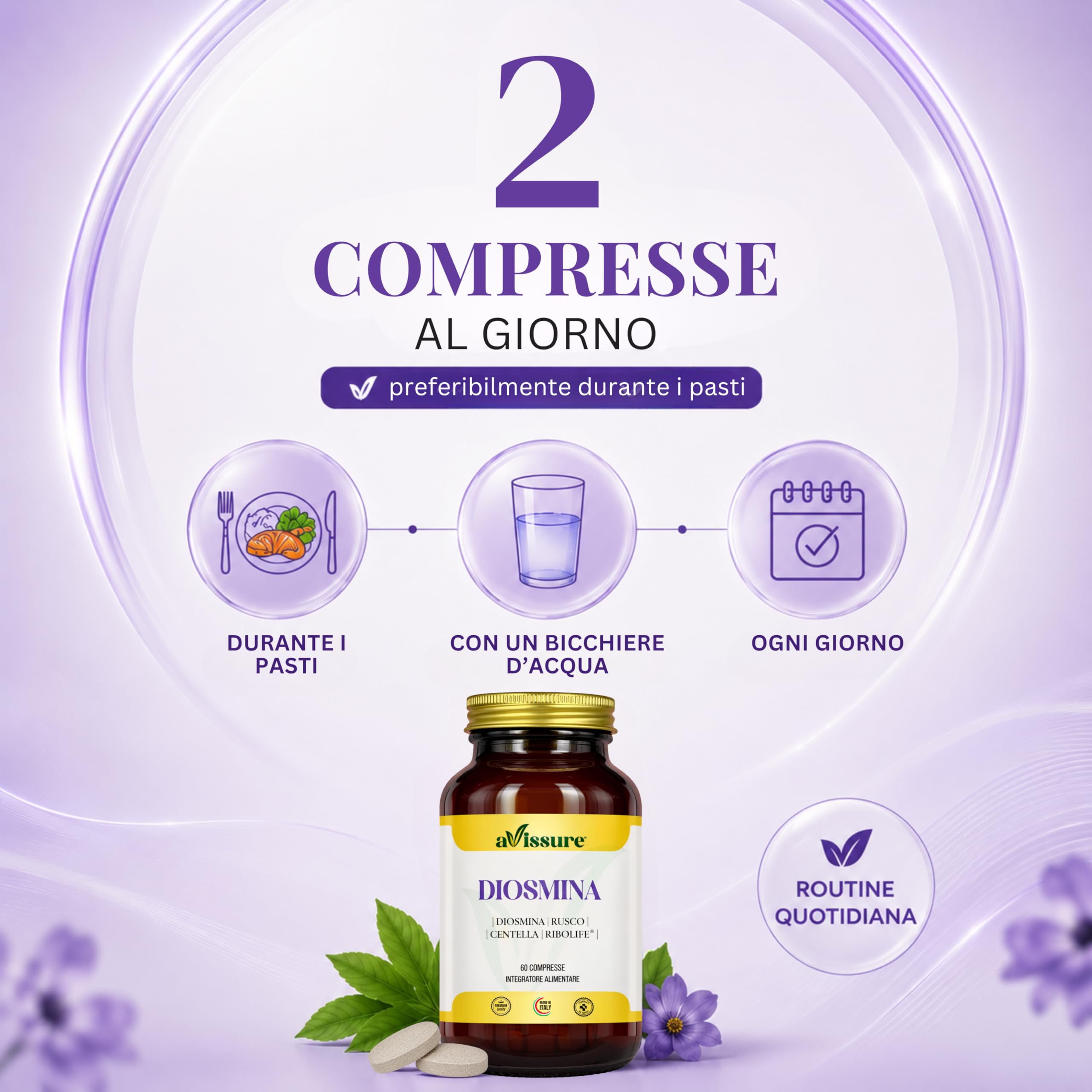 Diosmina 600mg avissure, Integratore Microcircolo e Circolazione Venosa, con Rusco e Centella, Supporto Gambe Pesanti e Benessere Vascolare, con Ribolife®, 60 Compresse, Senza Glutine, Lattosio, OGM