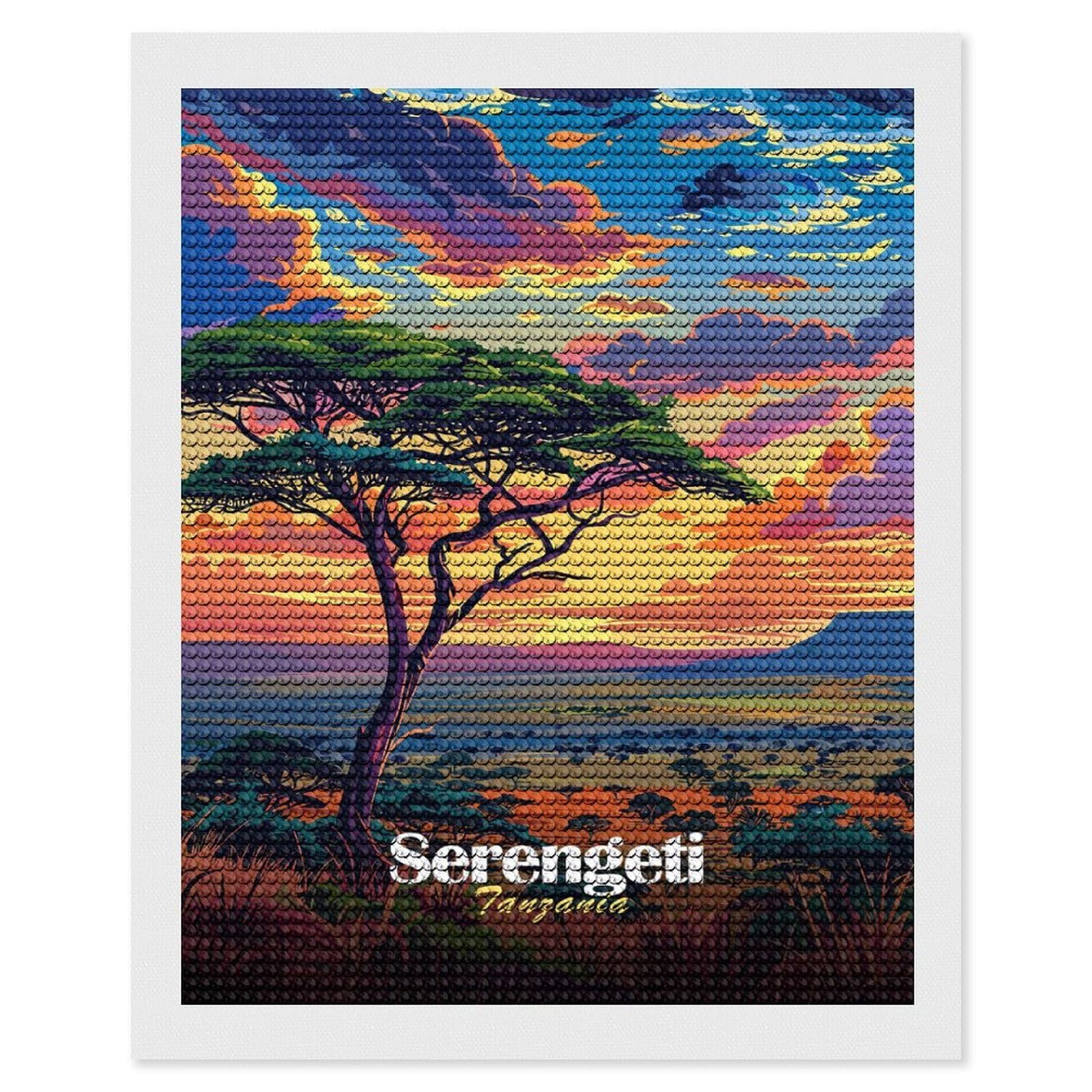 Junmoney Serengeti Sunset Landscape Diamond Painting Kit 16"x20", Easy Handmade Project, Easy to Enjoy, Aesthetic Room Decor, Christmas Gift
