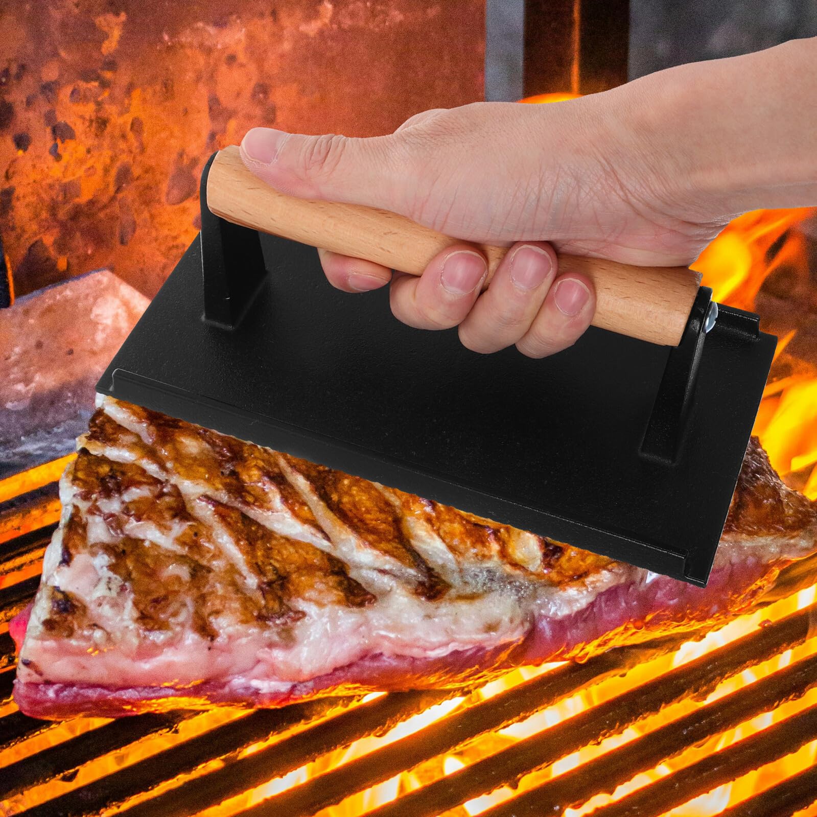 IMIKEYA Prensa de Hamburguesas y Carne de Hierro Fundido con Mango de Madera Ergonómico, Prensa Rectangular y Redonda sin Revestimiento, Utensilio Resistente para Barbacoa y Cocina