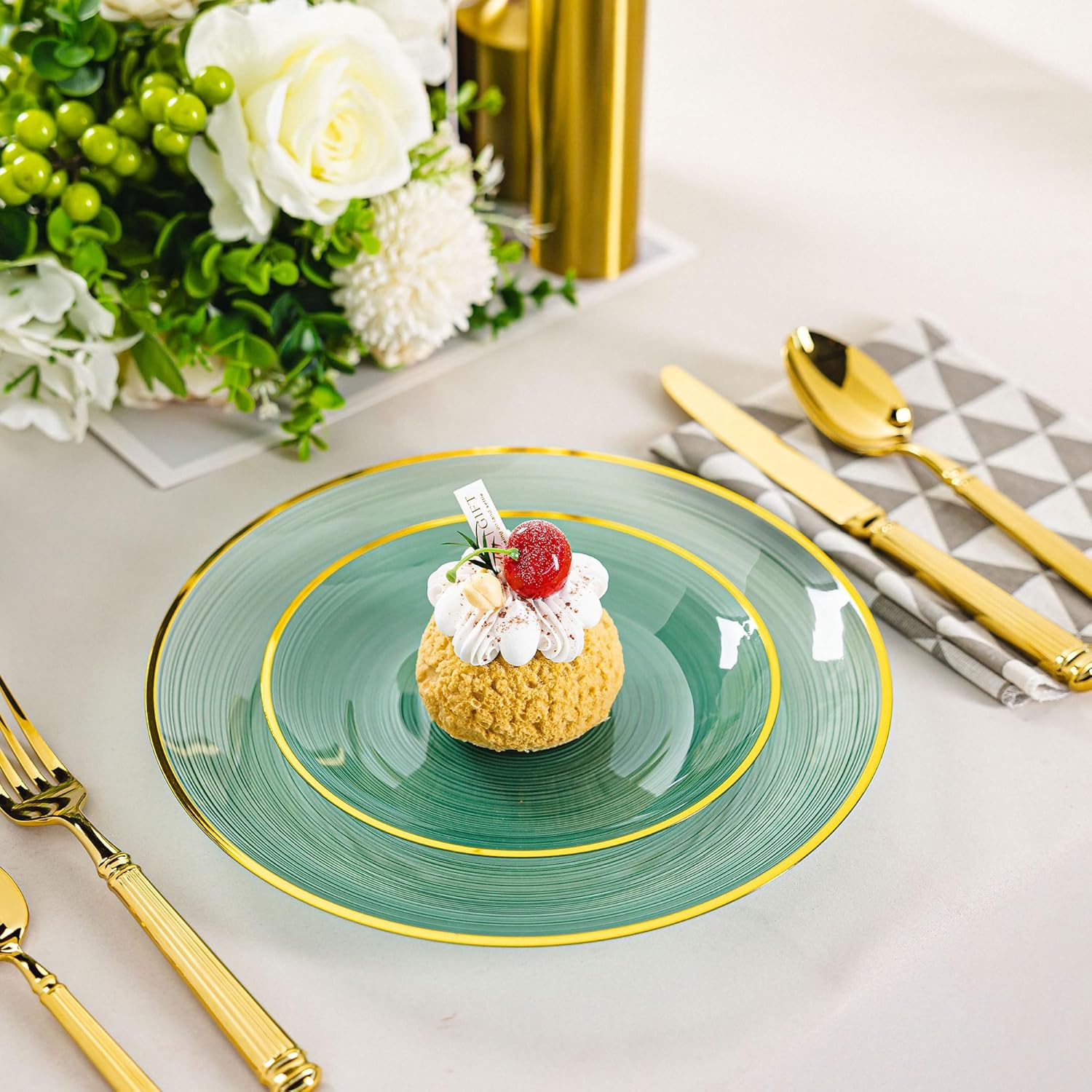 100PCS Transparent Green Gold Plastic Plates, 7 Inch Heavy Duty Disposable Dessert Plate with Gold Rim, Round Appetizer/Salad Plates for Wedding, Party, Camping, Picnic - Image 6