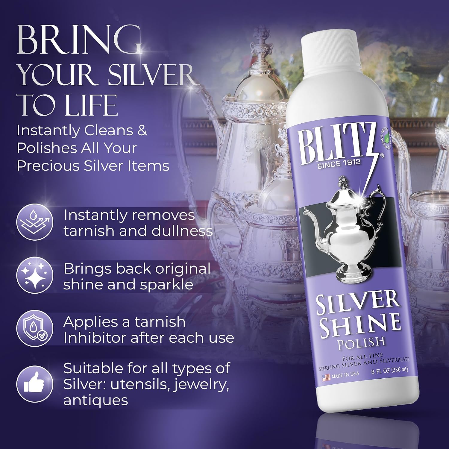 Blitz Silver Shine Polish Liquid Silver Polish for Sterling and Silverplate Jewelry, Dishes, Flatware, Fixtures, & Decor Non-Toxic, Non-Abrasive, & Planet Friendly Made in The USA 8oz