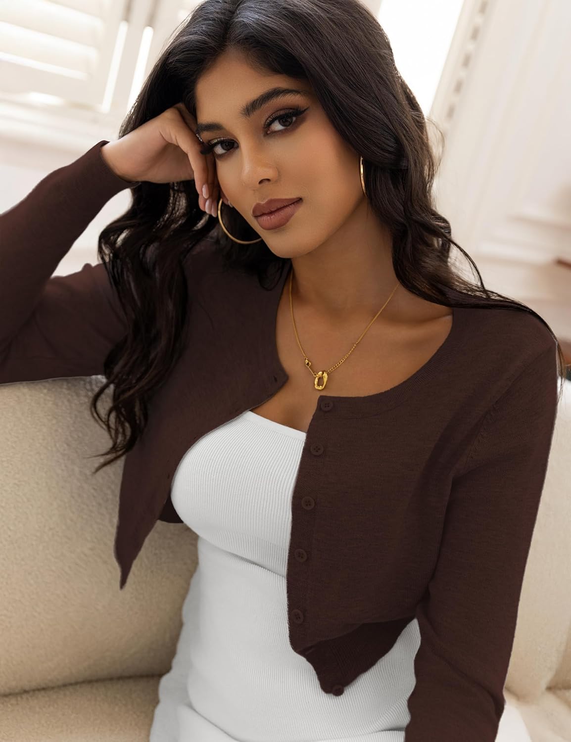 Women's Cropped Cardigan Sweaters Crew Neck Button Down Open Front Knit Bolero Shrugs - Image 3