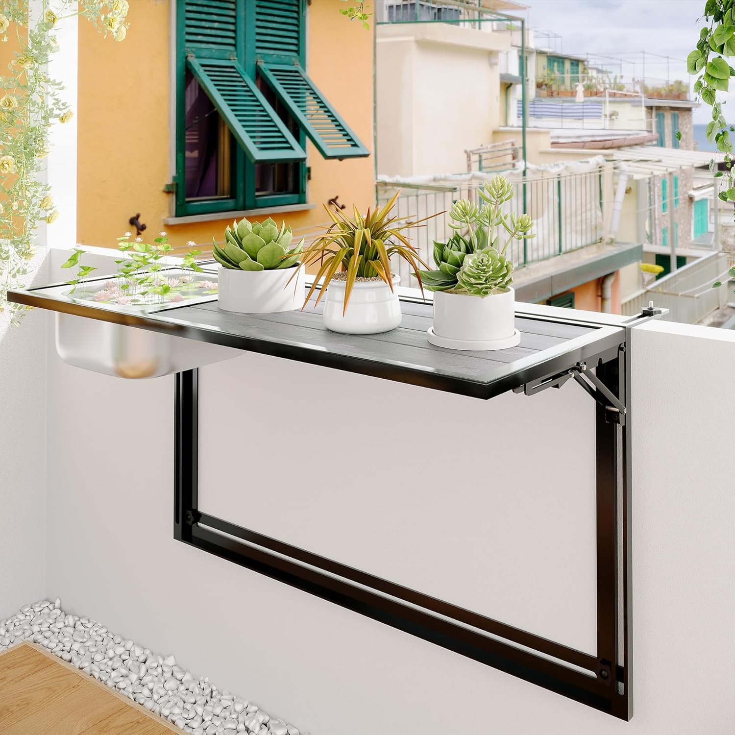 Foldable Balcony Table Outdoor Patio Bar Table with Staice Bucket, Adjustable Above Ground Pool Side Bar Table Fit for Oval Frame, Hanging Balcony Railing Table, 40” x 7”