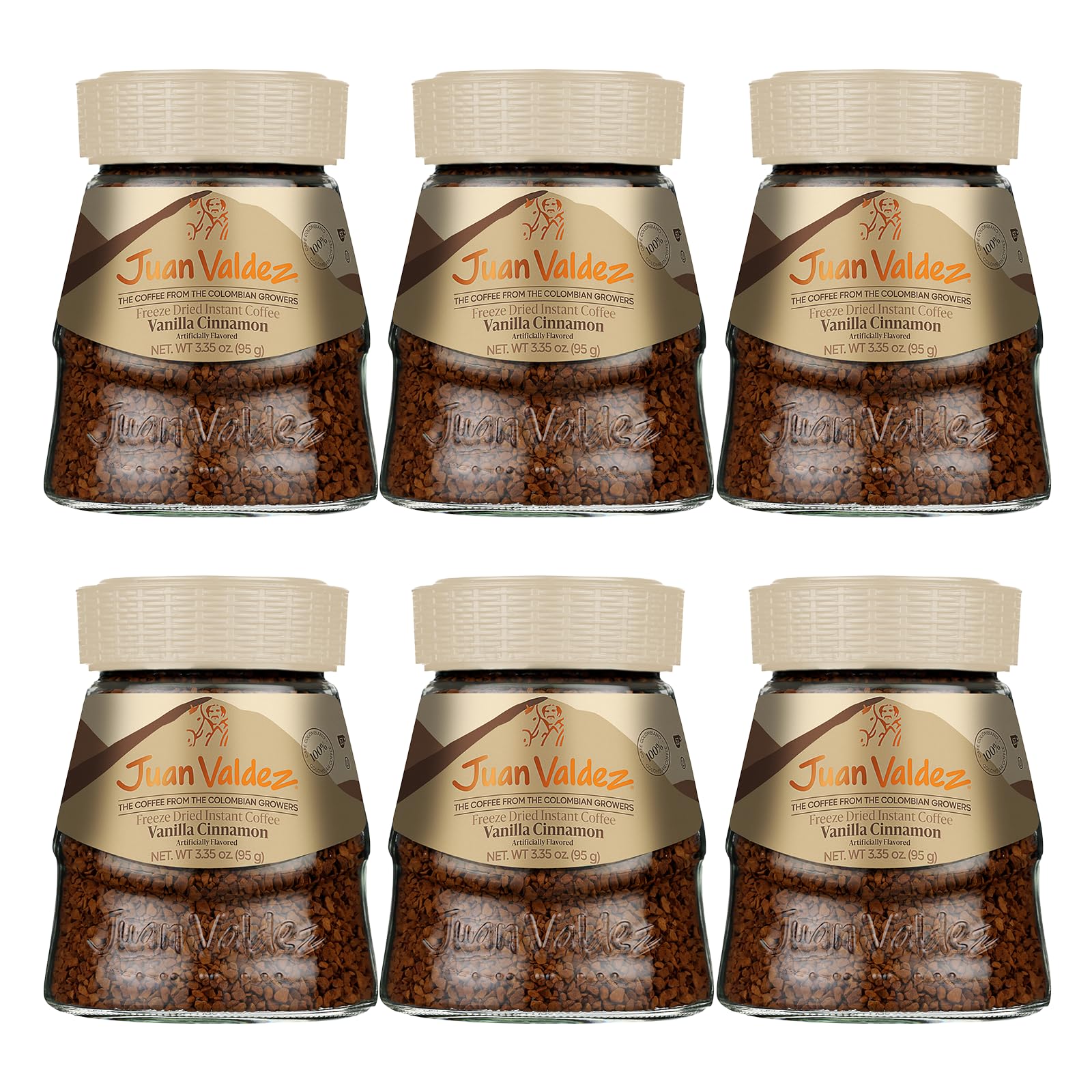 Juan ValdezFreeze-Dried Instant Coffee - Vanilla Cinnamon Flavor | 100% Colombian Arabica Beans | Sweet & Aromatic 100% Colombian Coffee | 3.35 oz / 95 g Jar | Easy to Prepare | 6 Pack