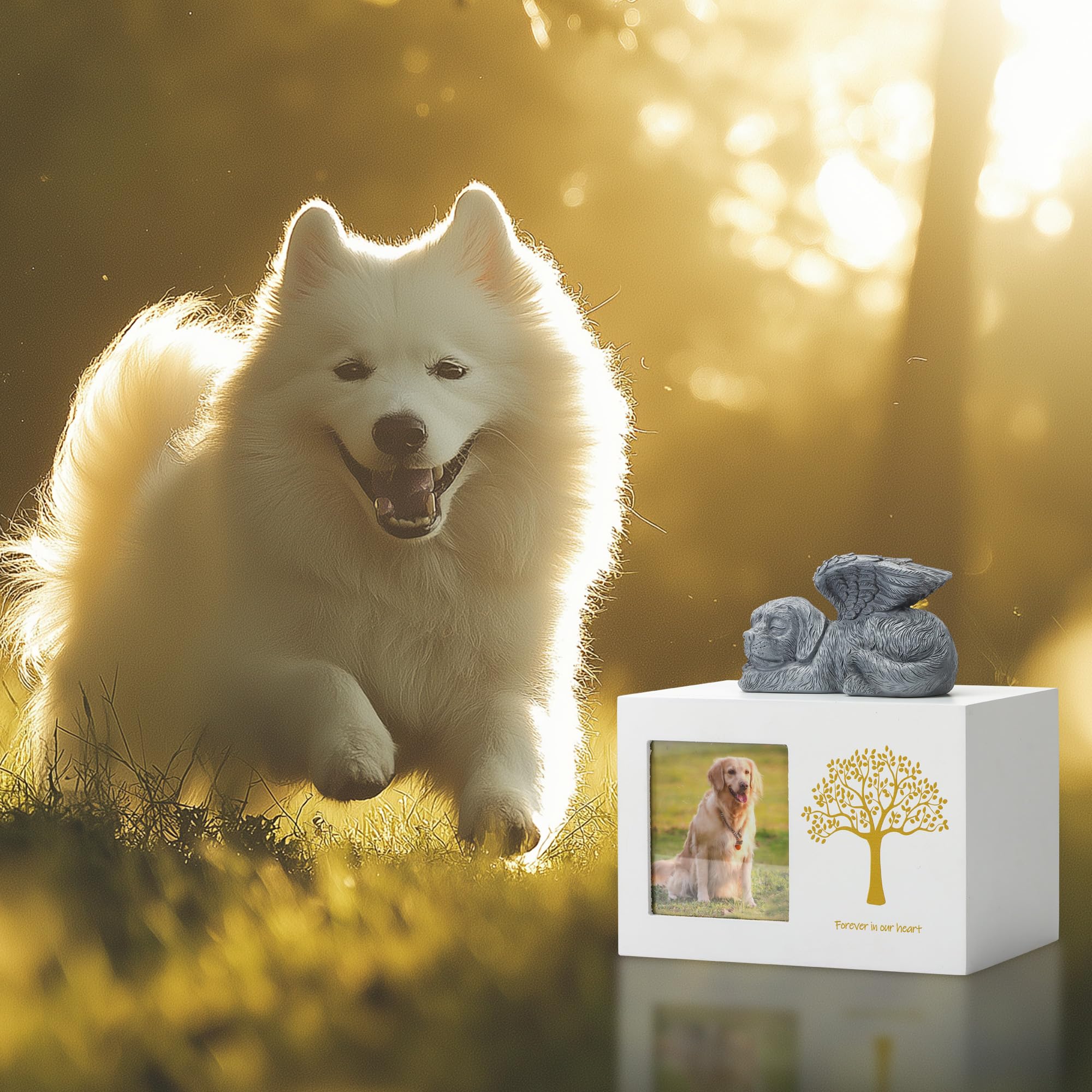 Urna para cenizas de perros, caja de madera blanca, urna para cenizas, cenizas de mascotas, caja con ángel para perros y bolsa de cenizas