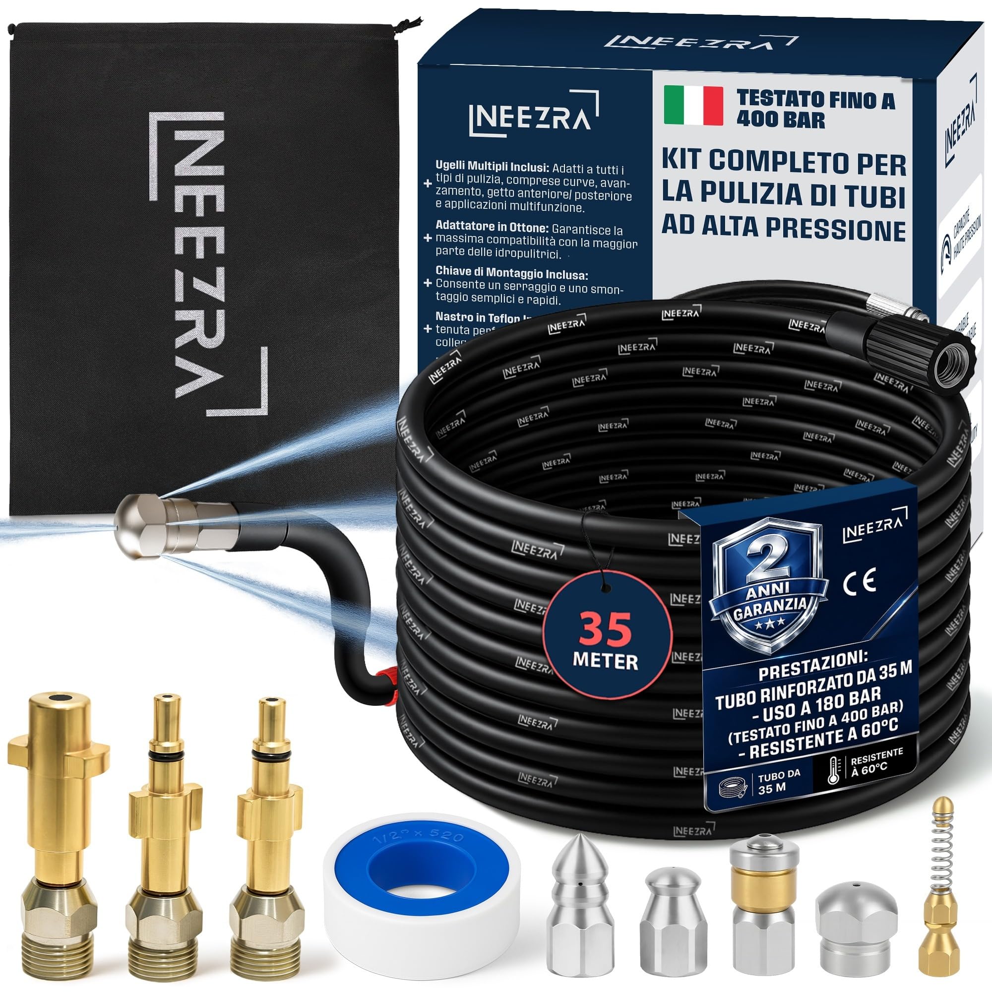 Kit Sonda Sturatubi per Idropulitrice 35 m, Tubo Sturatubi Alta Pressione Rinforzato, 5 Ugelli + 3 Adattatori in Ottone, Compatibile con Karcher K2-K7, Lavor, Parkside e Bosch