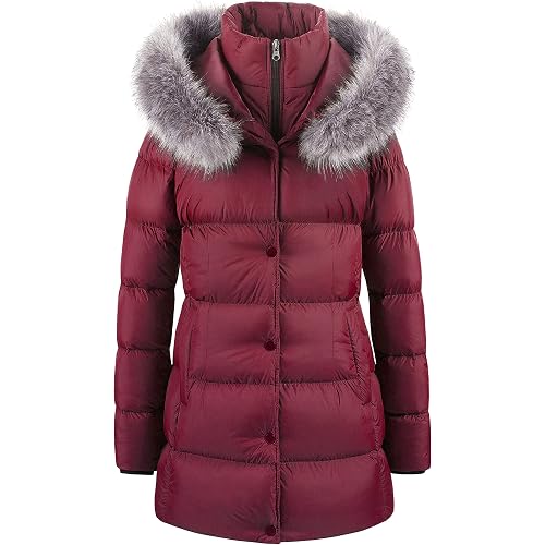 CREATMO US Women's Winter Snow Jacket Long Fur Puffer Coat With Removable Faux Fur Trim