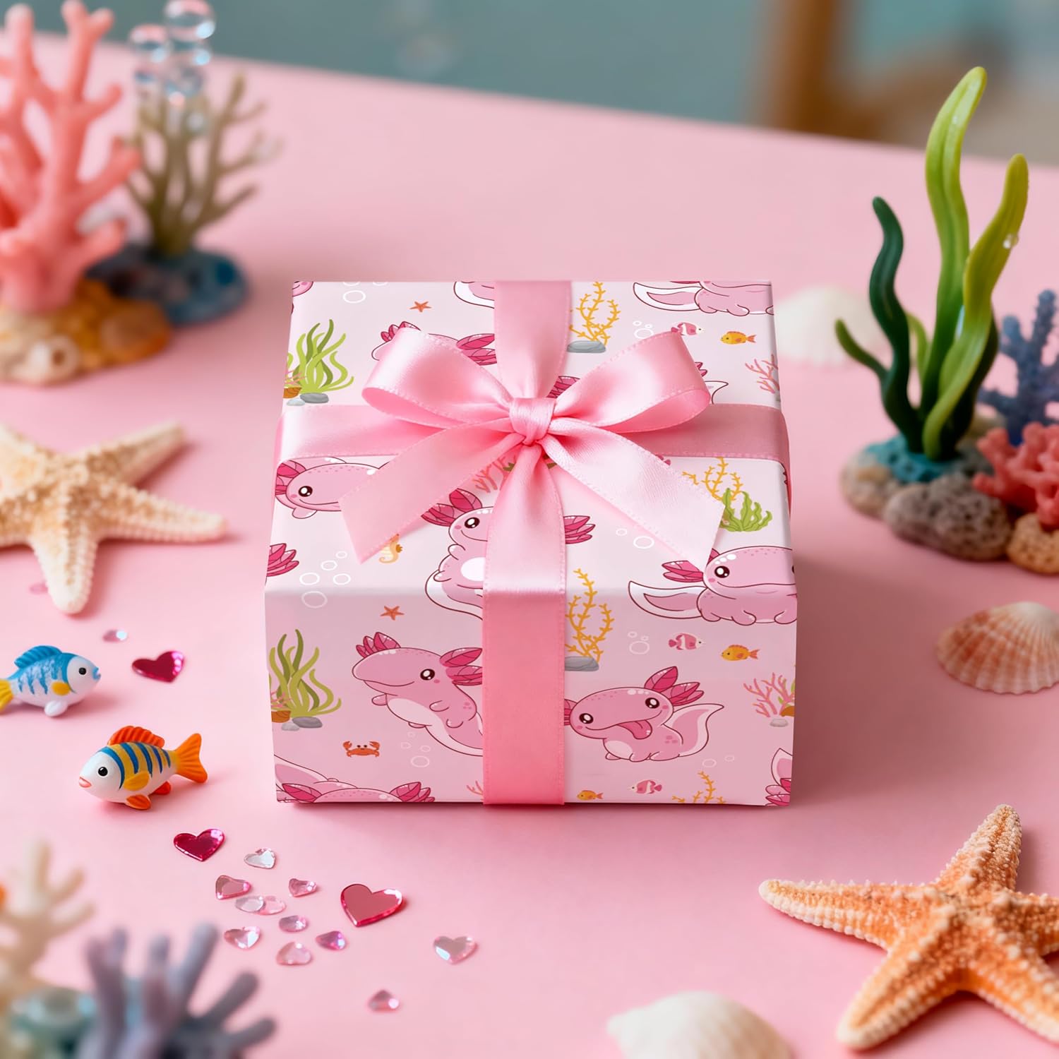 LeZakaa Axolotl Wrapping Paper Roll, Pink Underwater Cute Axolotl Design with Fish Sea Plants, Perfect for Kids Birthday Baby Shower Baby Girls Ocean Party Gift Wrapping, Mini Roll 17 in x 16.4 Feet image 5