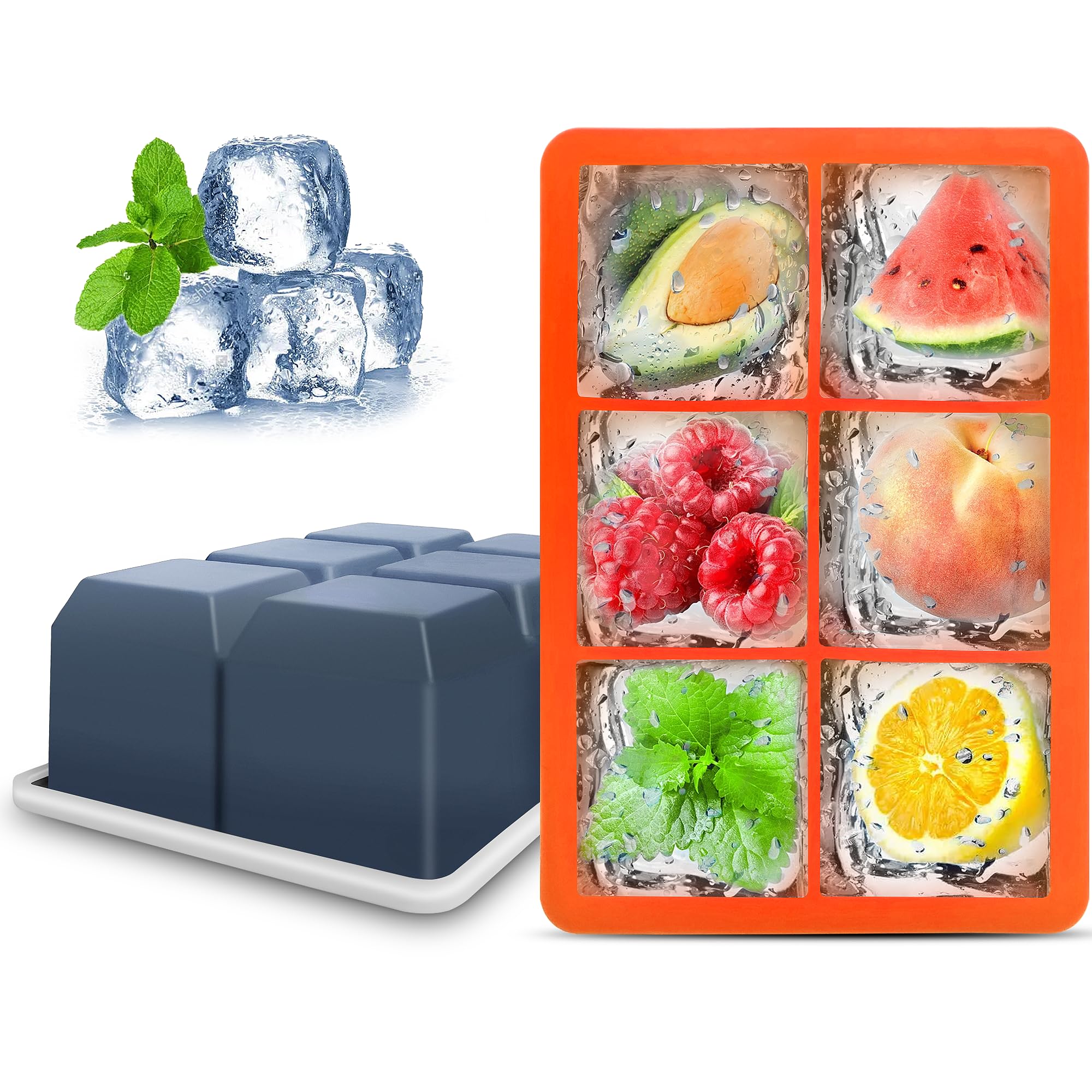 Silicone Ice Cube Trays with Lids,Large Square Ice Cube Molds for Freezer, Whiskey, Cocktail, Stackable Flexible and Reusable & Easy Release BPA Free (2 Pack&Dark Gray and Orange)
