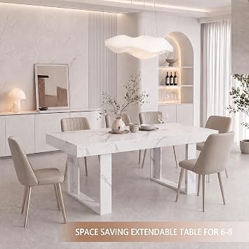 GRAVFORCE Extendable Dining Table 4-6 Seater Kitchen Dinner Table 120-160cm Wooden Expandable Dining Tables for Restaurant Home Living Room Marble White