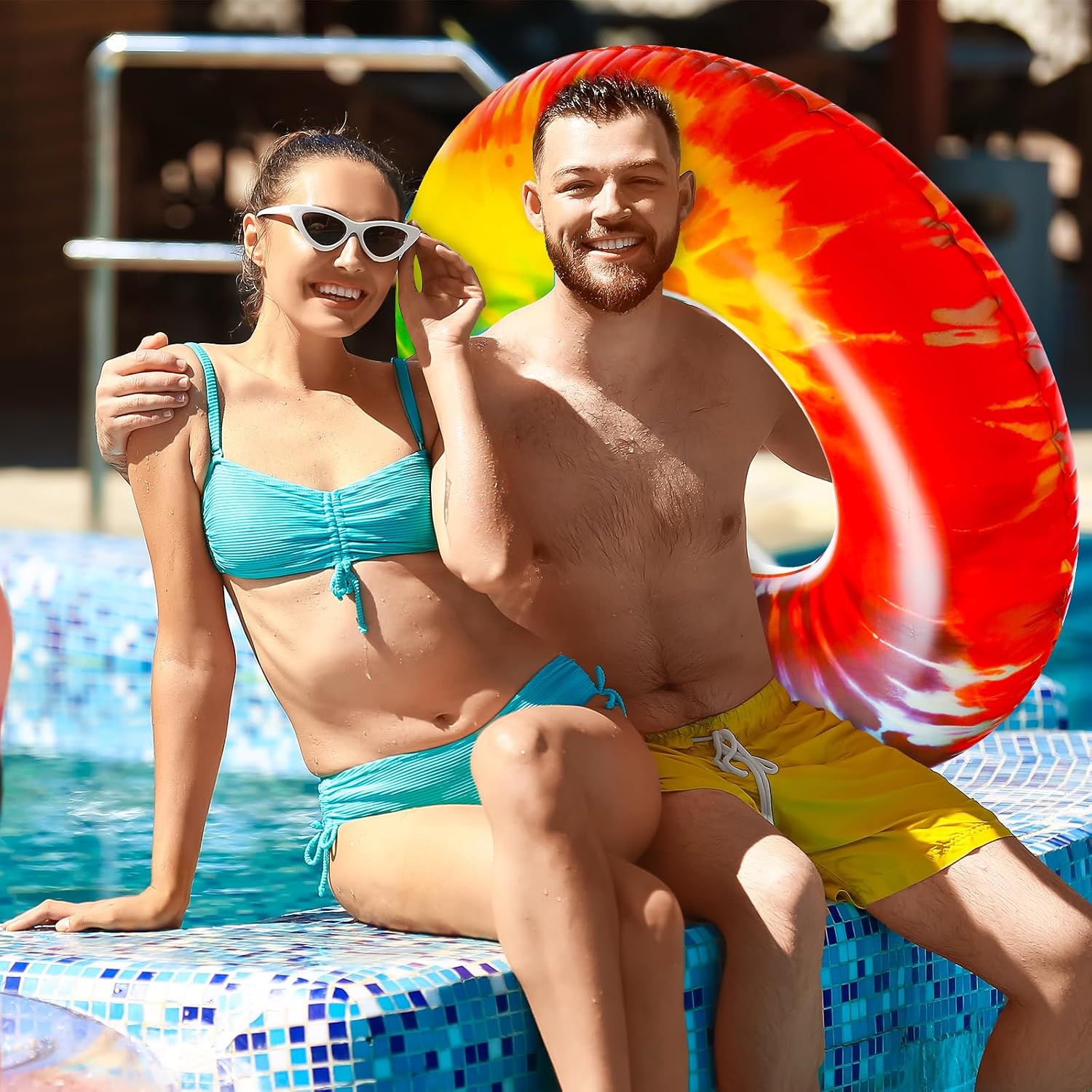 Simgoing Jumbo Inflatable Pool Floats Rings, Tie Dye Tube Float 47.24 Inch Large Colorful Adult Floaties Rainbow Swimming Ring Water Floaty Toy for Adult Summer Pool Beach Party Supplies