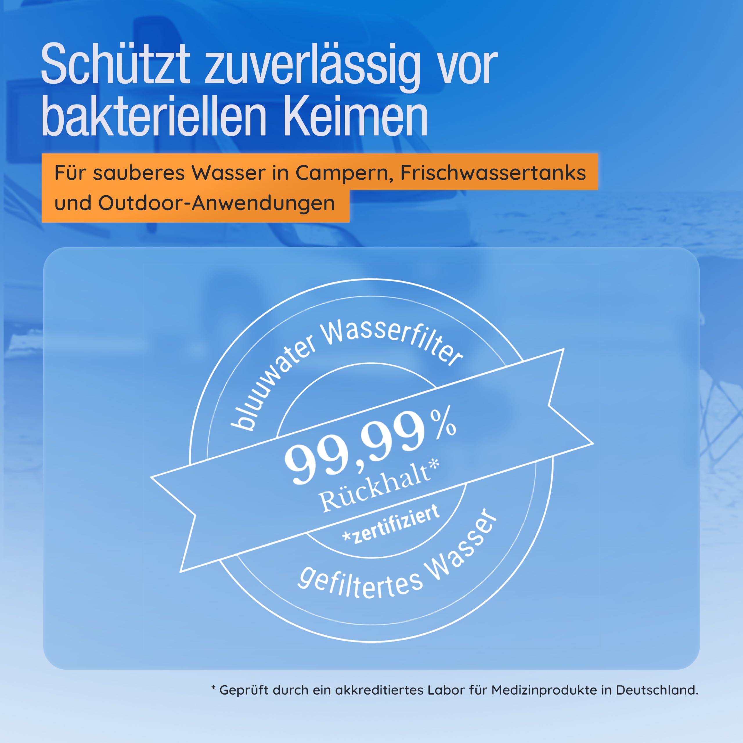 Befüll-Filter BF08 - Camping Wasserfilter für Wohnwagen & mehr | Filtert 99,99% der Bakterien, Keime, Kalk, etc. - Bis zu 6.000 Liter - Kompatibel mit GEKA® & GARDENA® - Laborgeprüft