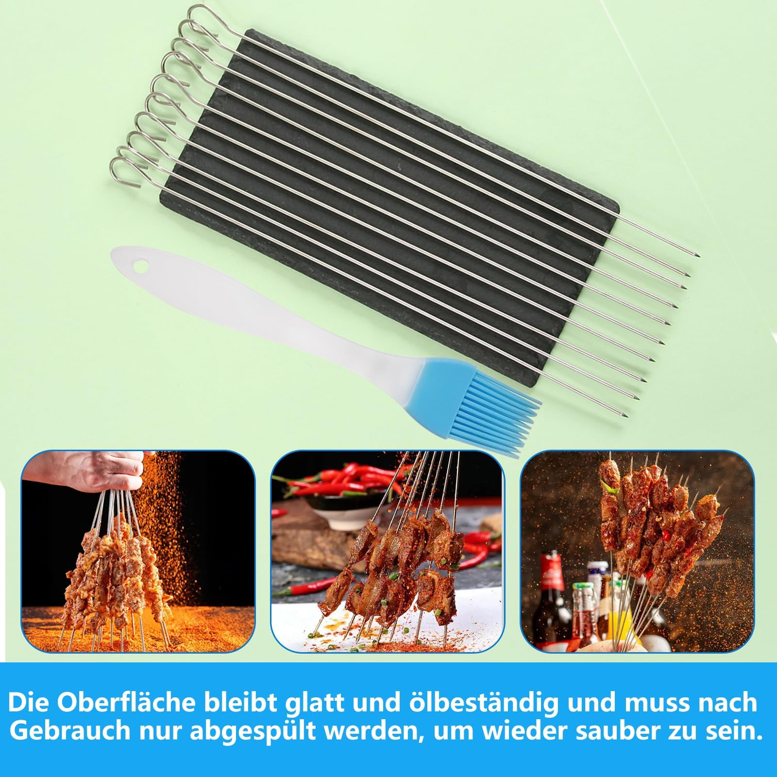Pic a Brochette en Métal 30 cm avec Pinceau à Huile Silicone Bleu - Kit de Grillade pour Pique-nique et Camping