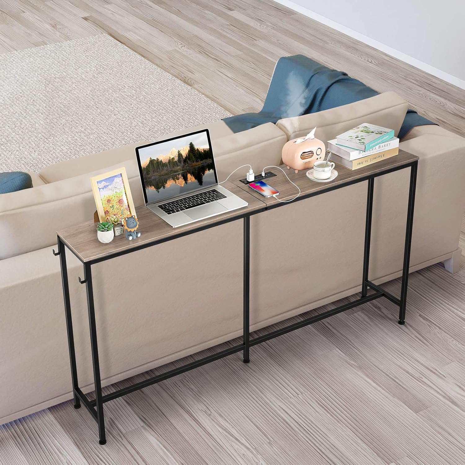63 Inch Console Table with Power Outlet 11.8" Wide Sofa