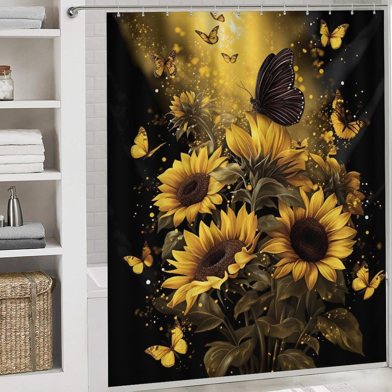 Sunflower Butterflies Golden Glow Nature Art 4 PCS Bathroom Set with Shower Curtain Rugs, Ultra Soft Coral Fleece Bath Mat, U-Shaped Rug, Toilet Lid Cover, 72" X 72"