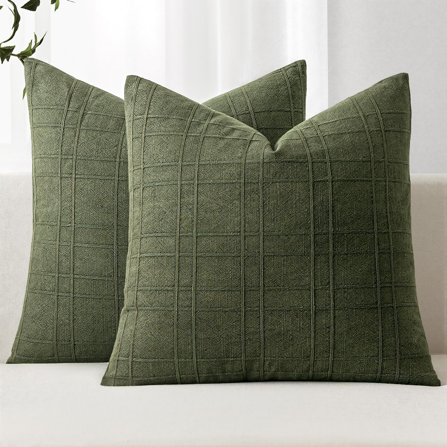 MIULEE Decorative Linen Check Throw Pillow Covers Neutral Farmhouse Vintage Spring Pillow Covers 20x20 Set of 2 Boho Modern Home Decor for Sofa Couch Bedroom Cushion Dark Olive Green
