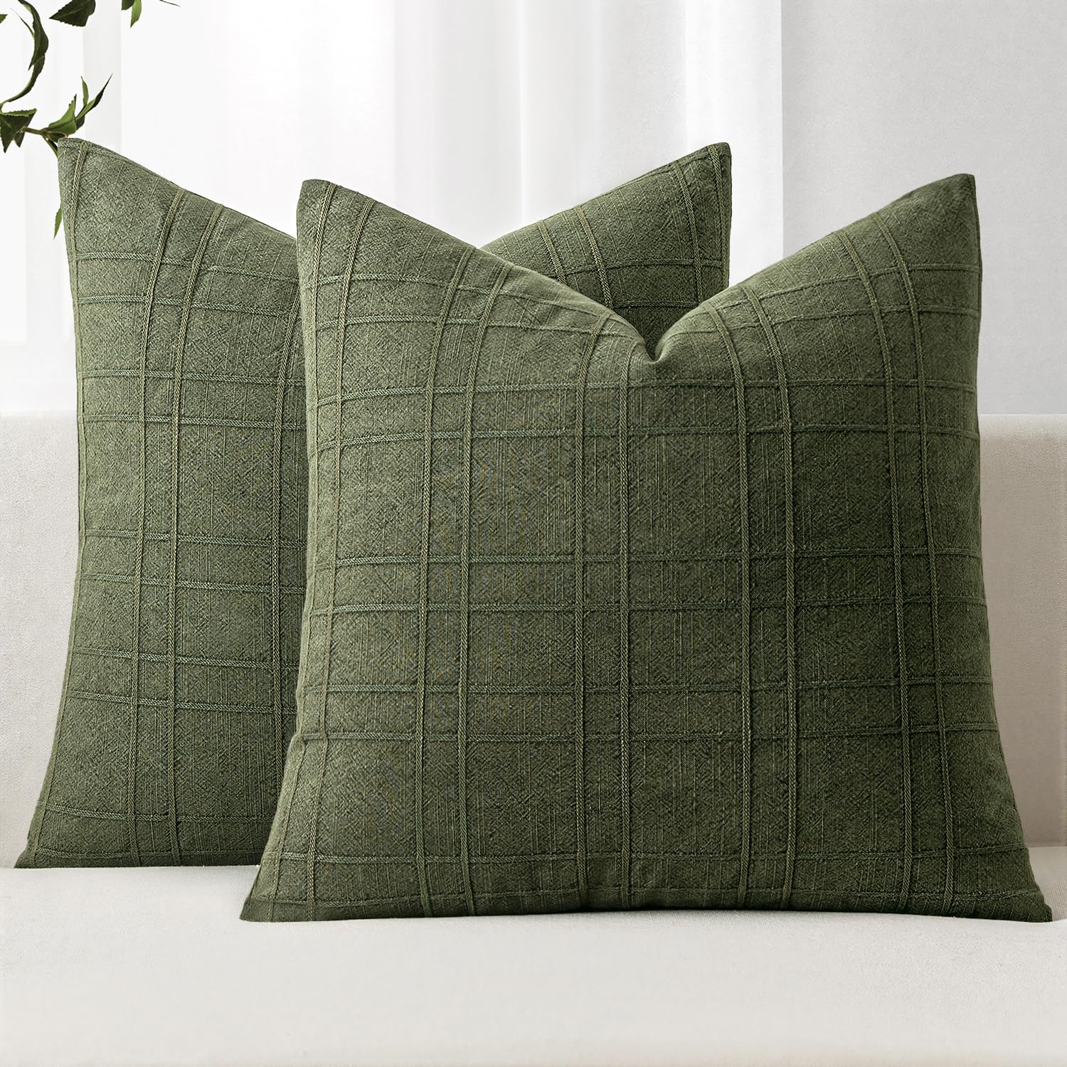 MIULEE Linen Plaid Pillow Covers Decorative 20x20 Dark Olive Green