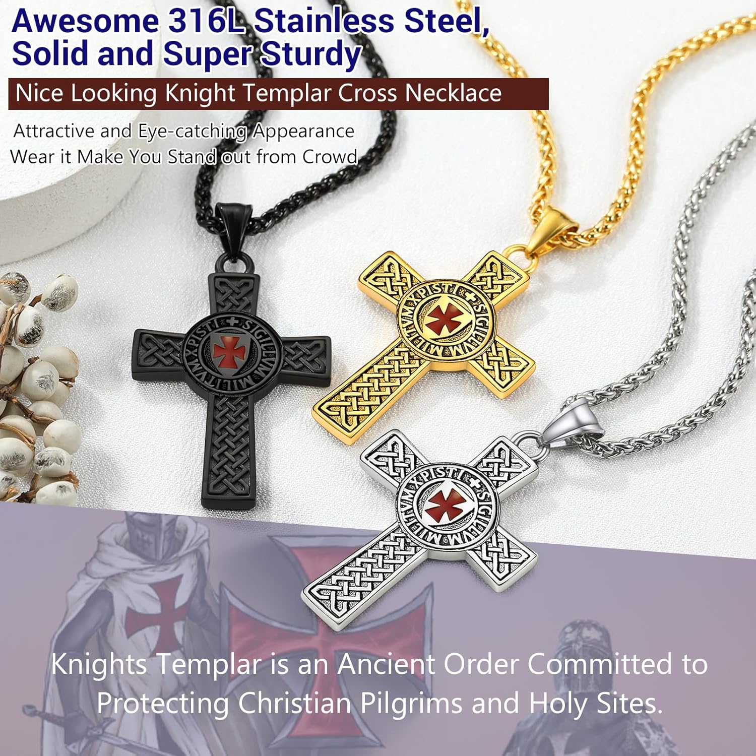 PROSTEEL Vintage Masonic Knight Templar Necklace, 316L Stainless Steel Round/Cross/Shield Pendant Necklace, Come with Box - Image 3