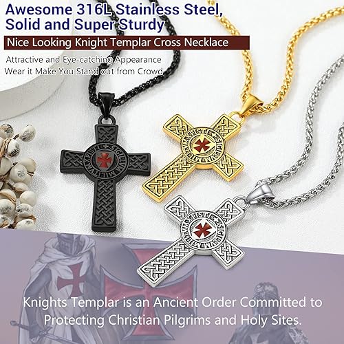 Miniatura 3 de PROSTEEL Vintage Masonic Knight Templar Necklace, 316L Stainless Steel RoundCrossShield Pendant Necklace, Come Gift Box