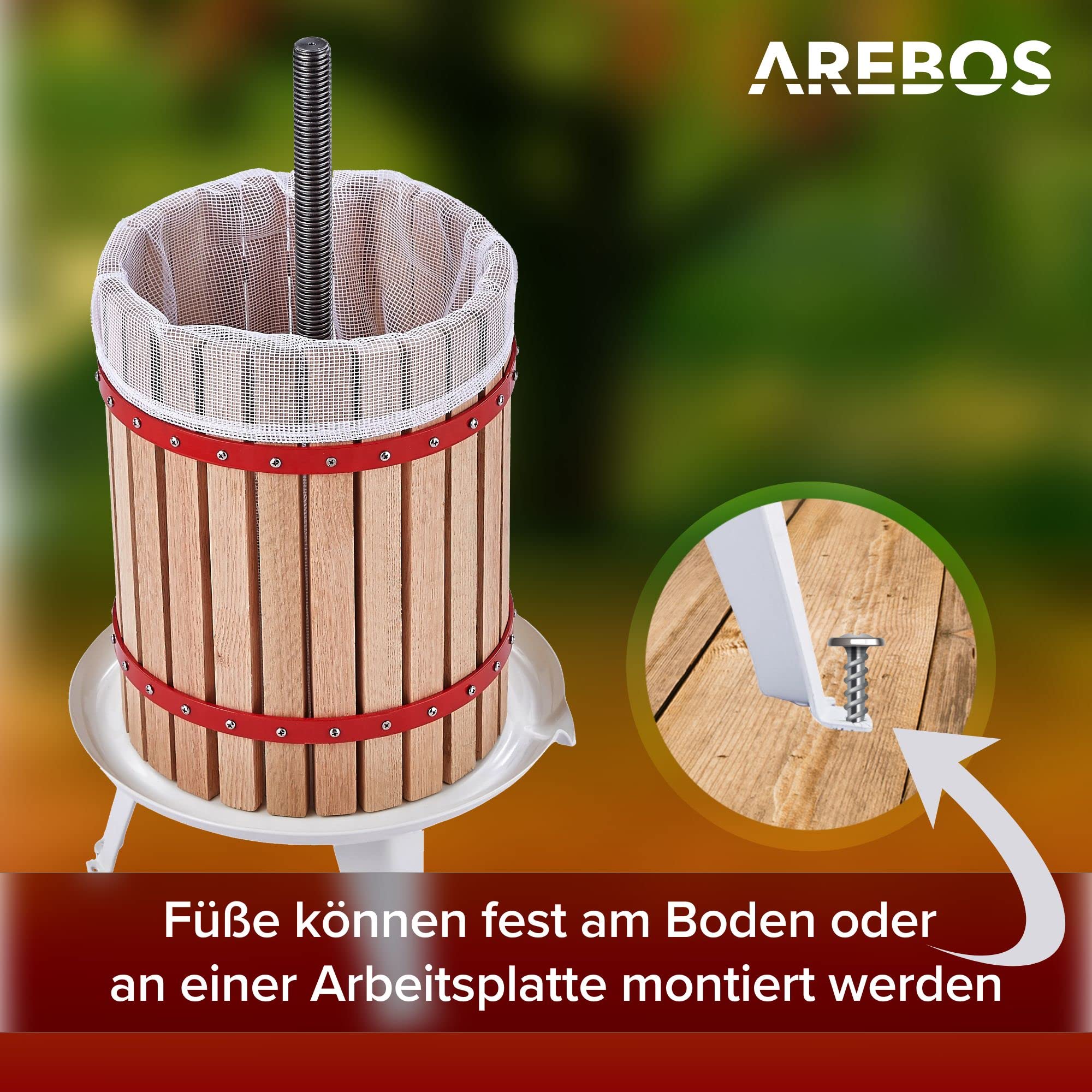 Arebos Obstpresse 18L | Manuelle Saftpresse I Beerenpresse inkl. Presstuch, Druckplatte und Metallspindel I Für jegliche Arten von Saft & Gemüse