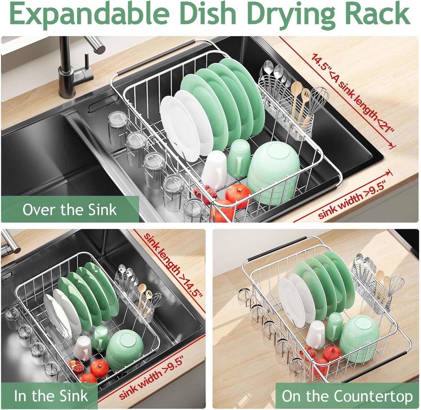Small Dish Drying Rack in Sink, Extendable Stainless Steel Dish Drainers for Kitchen Counter, Anti-Rust Dish Dryer Rack with Utensil & Cup Holders, for Inside Sink, Over The Sink(for 1-2 People)