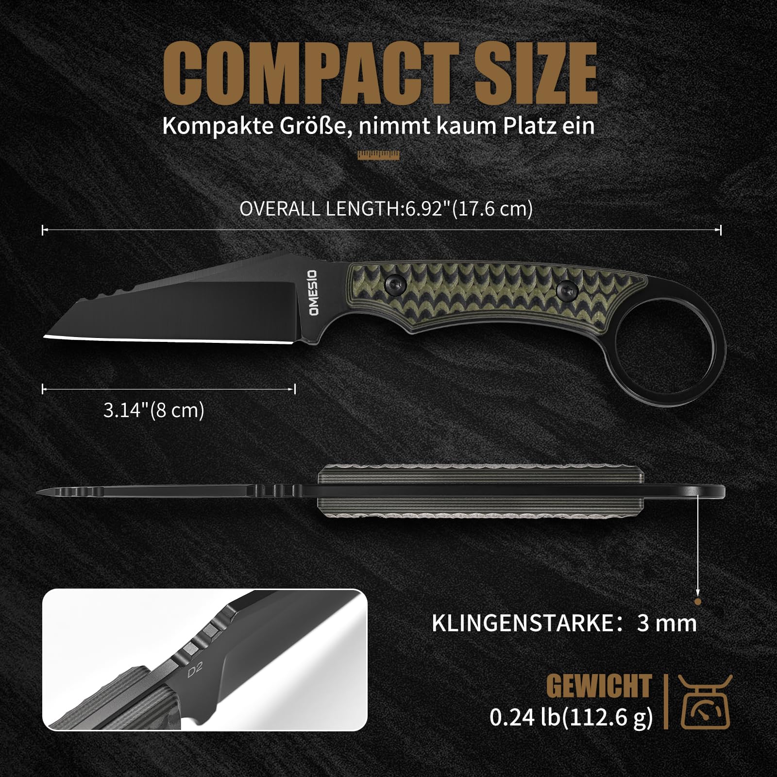 Omesio Neck Knife D2 Steel Reverse Tanto G10 Full Tang Kydex | Kompaktowy nóż EDC D2 z ostrzem Reverse Tanto 8,5 cm, rękojeścią G10, pochwą Kydex, klipsem i łańcuszkiem