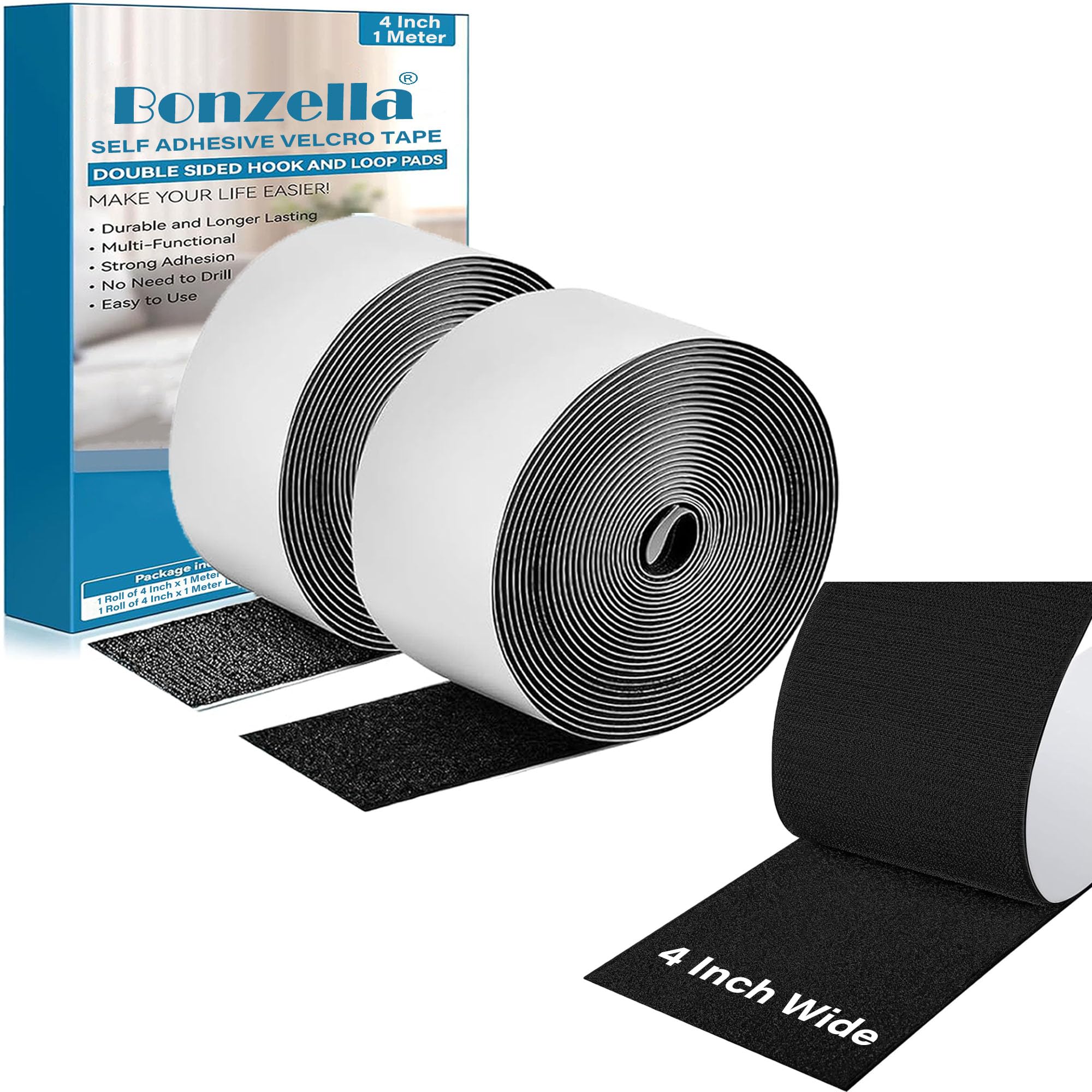 BONZELLA Self Adhesive Hook and Loop Tape, 4 Inch Wide x 1 Meter Strong Adhesive Interlocking Tape, Multipurpose Double Sided Hook & Loop Tapes for Crafting & Hanging, Excellent Grip, Black