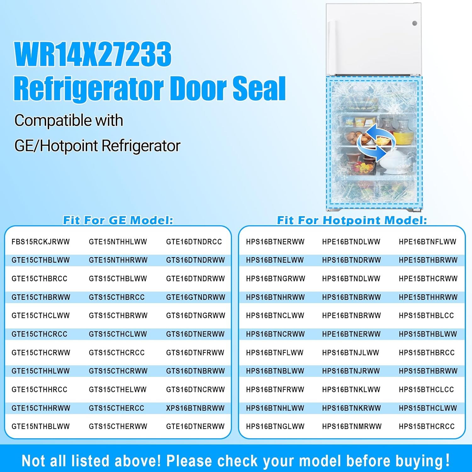 Upgraded WR14X27233 Refrigerator Door Gasket Compatible with GE Refrigerator Door Seal Replacement WR14X21148 4545801 AP6048405 Fresh Food Door Gasket For Hotpoint Fridge Door Gasket Seal Replacement