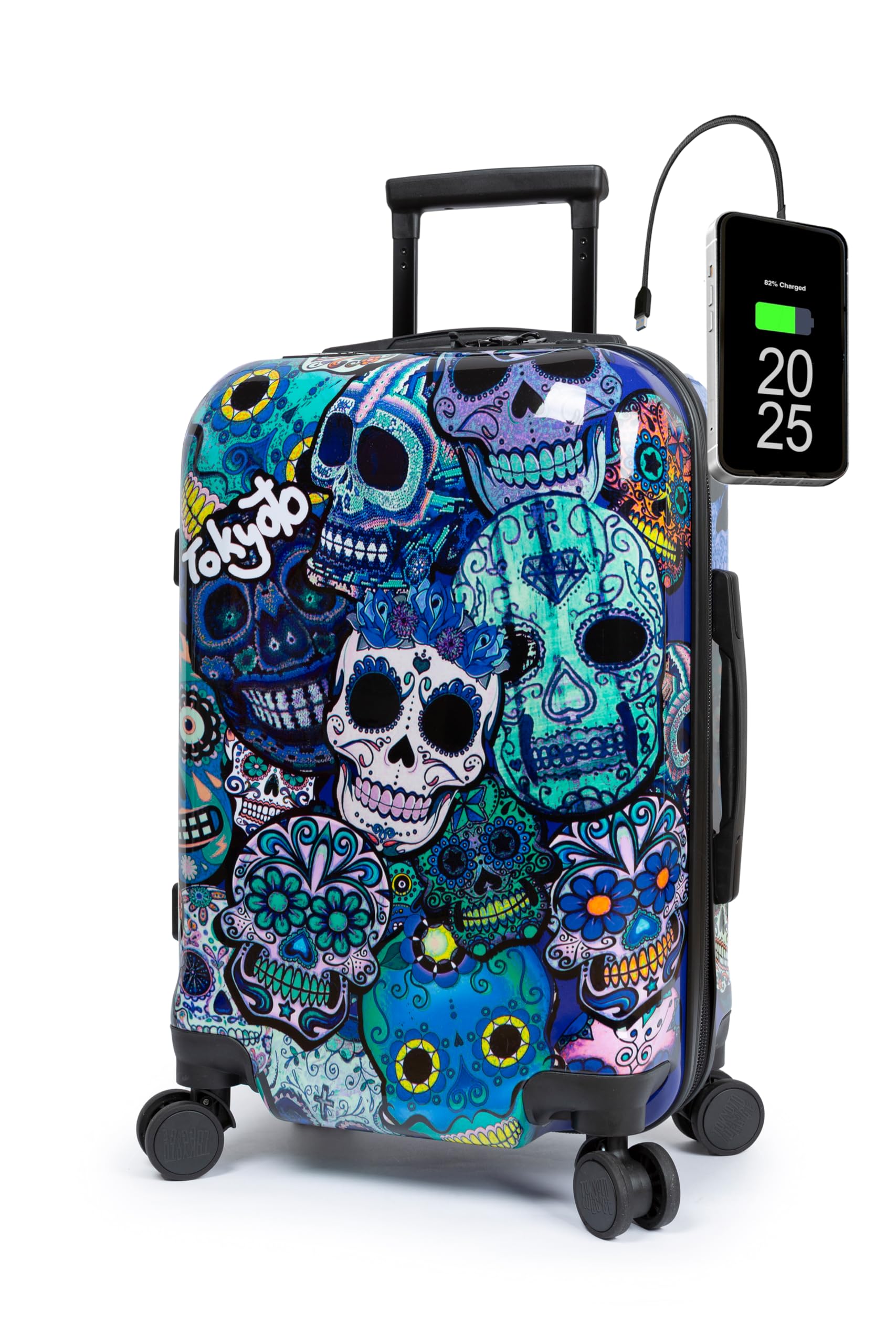 Maleta Cabina Infantil Juvenil 55x35x20 USB Blue Skulls Calaveras Mexicanas | Diseño de catrinas; equipaje juvenil infantil ligero con USB y Powerbank, 4 ruedas dobles