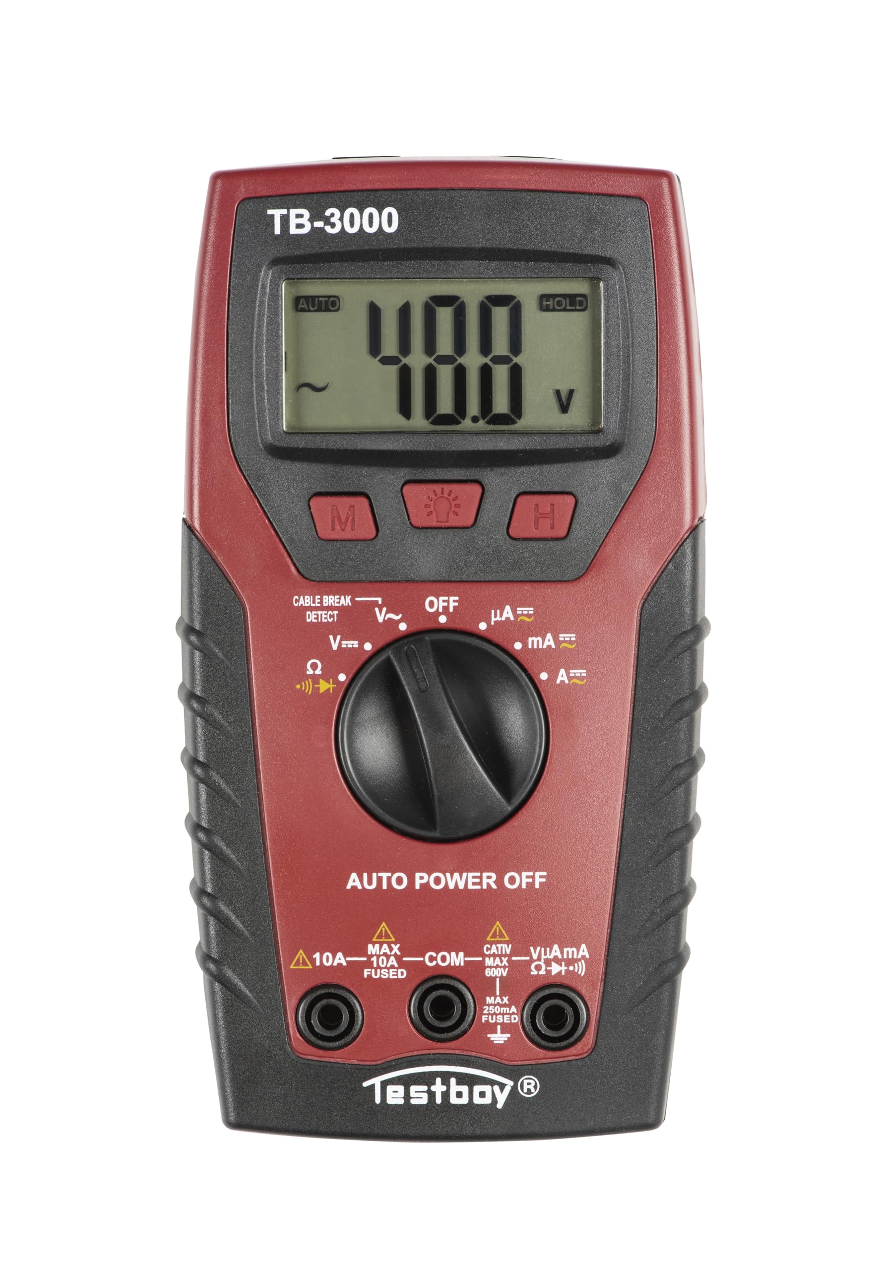 Multímetro digital Testboy 3000 con detector de rotura de cable y nivel de seguridad CAT IV (linterna LED, rango automático, retención de datos, carcasa de plástico ABS), rojo/negro