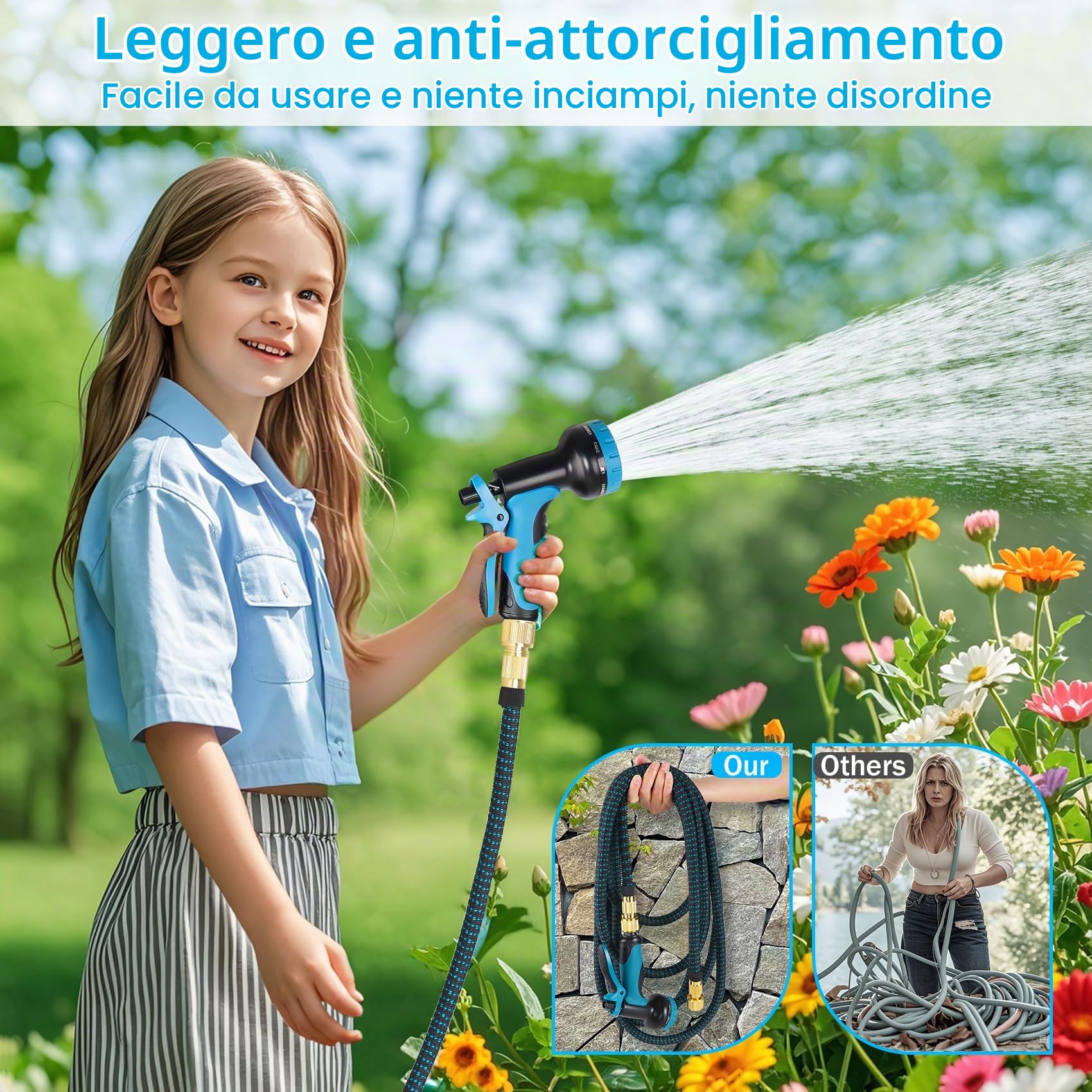 Tubo Acqua Giardino Estensibile 30m, Flessibile con Adattatori 1/2" e 3/4", Pistola Giardino Multifunzione, Canna Acqua per Irrigazione, Giardinaggio, Lavaggio Auto, Nero e Blu