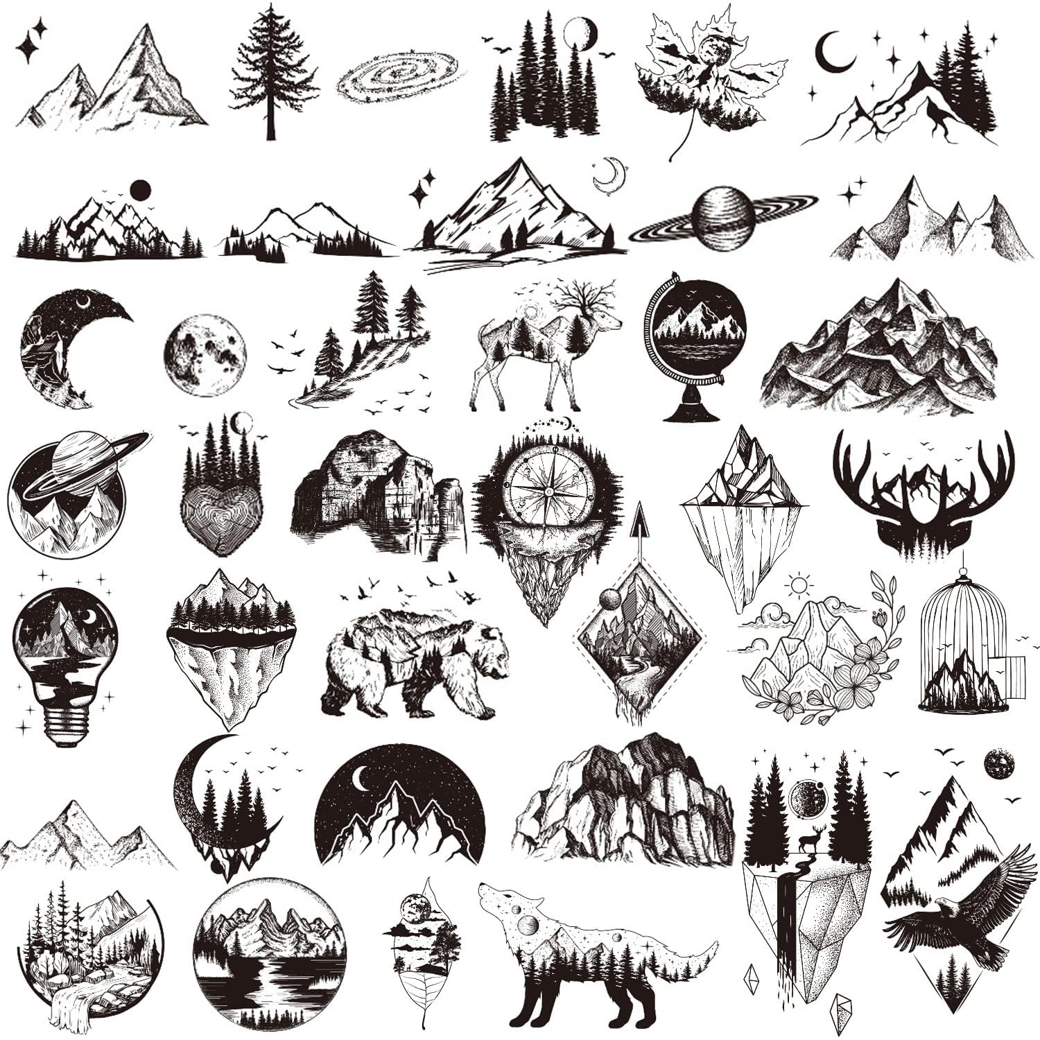 30 Sheets Small Black Mountain Planet Temporary Tattoos for Men Women - Unique Realistic Waterproof Forest Triangle Designs Body Art Tattoos for Adults (Black Style)