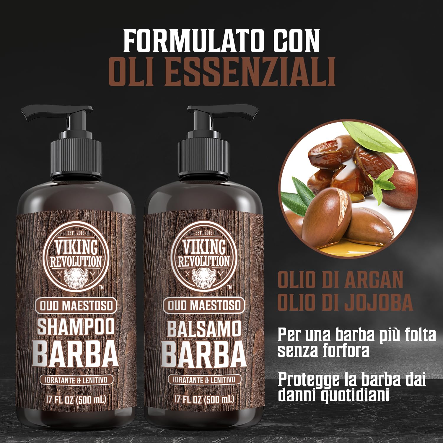 Viking Revolution - Shampoo Barba Uomo - Include Balsamo con Oli di Argan e Jojoba - Ammorbidisce, Lenisce e Rinforza la Barba - Oud Maestoso - 2x500 ml