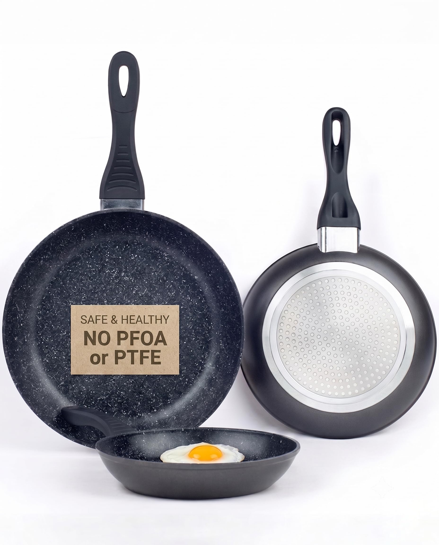Bavary Juego de sartenes de 3 piezas 20/24/28 cm – Recubrimiento antiadherente de granito – Libre de PFOA y PTFE – Sartén de inducción – Aluminio fundido – Apto para todas las placas de cocción