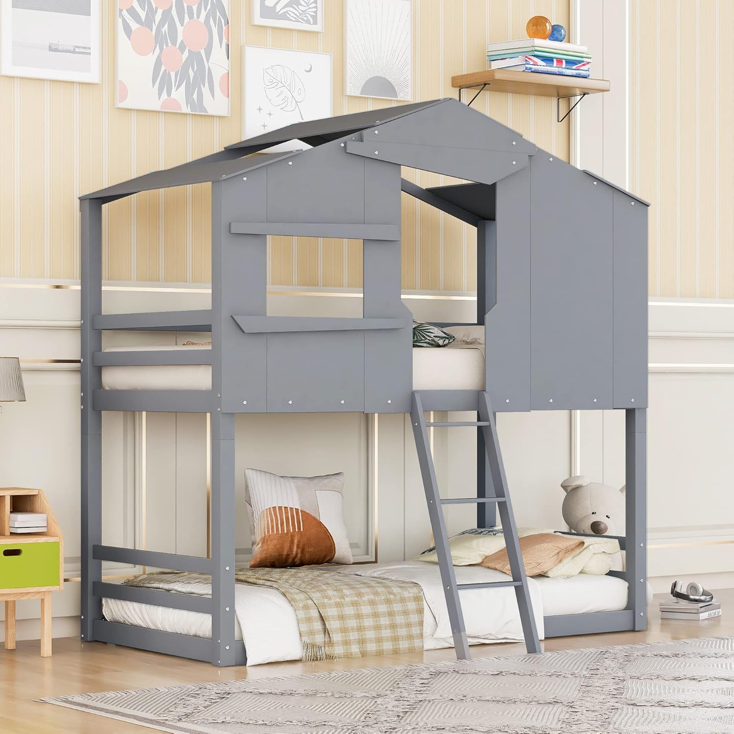 Buy Polibi Wooden Bunk Bed, TwinOverTwin House Bunk Bed with Roof