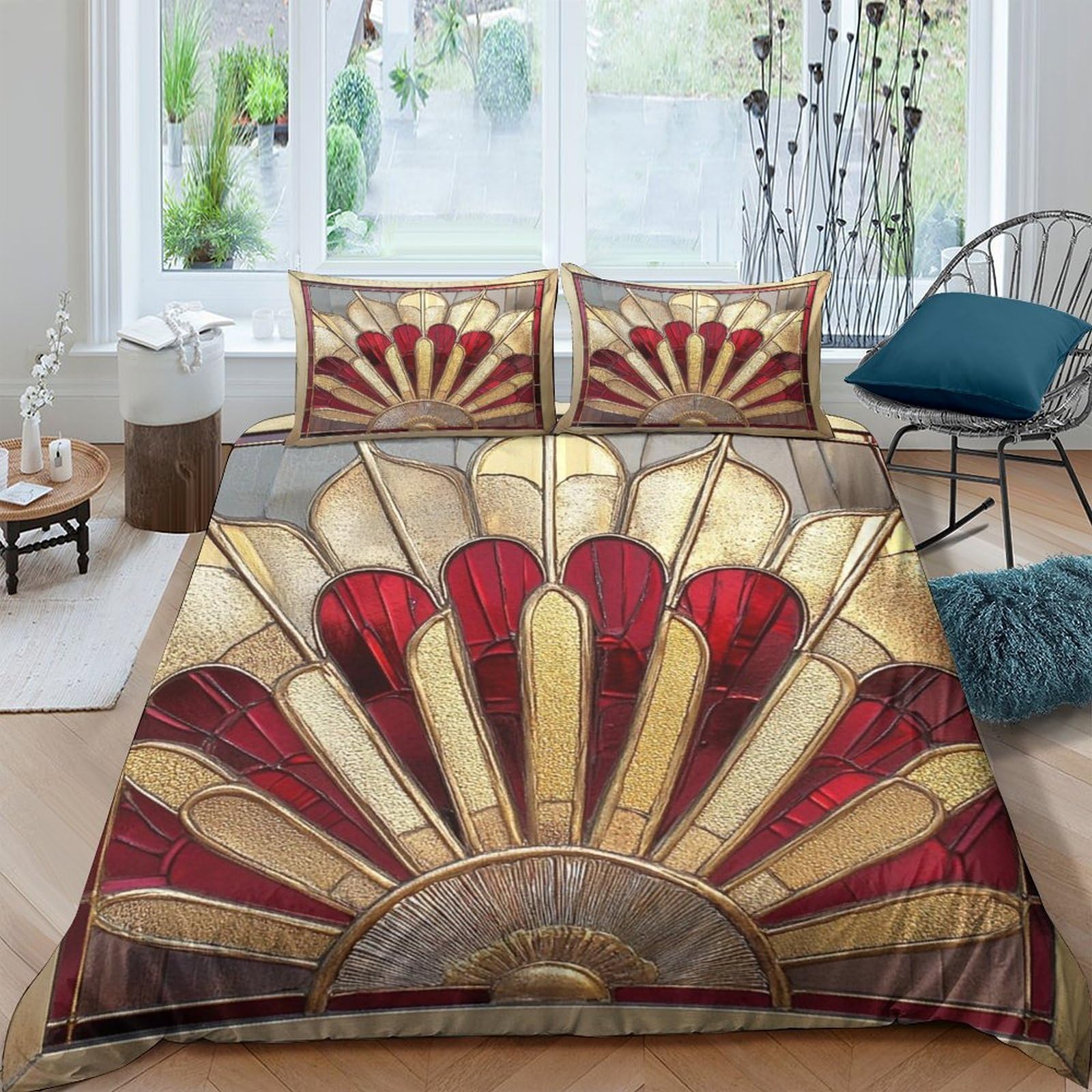 Ctjqhvkz Style-4 3D Printed Art Deco Fan Fitted Sheet Microfiber Red Gold Vintage Sunburst Bed Cover For Bedroom Guest Room Decor Single（135X200cm）