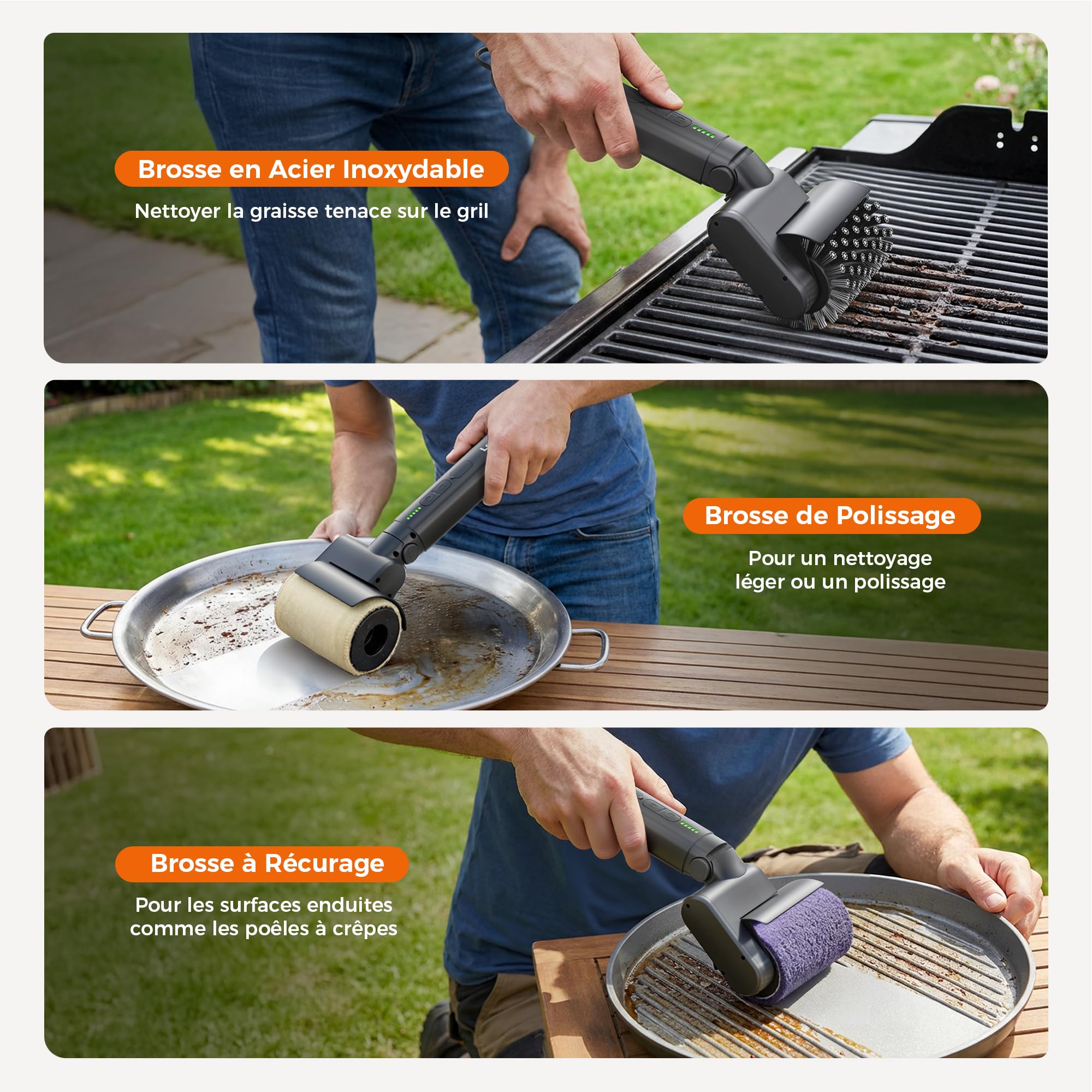Leebein Brosse Électrique pour Barbecue, 2026 Brosse Électrique Nettoyage 3 Vitesses & Angle Réglable avec 3 Têtes Remplaçables, 150 Min Autonomie, Résistante à l'eau et aux Hautes Températures