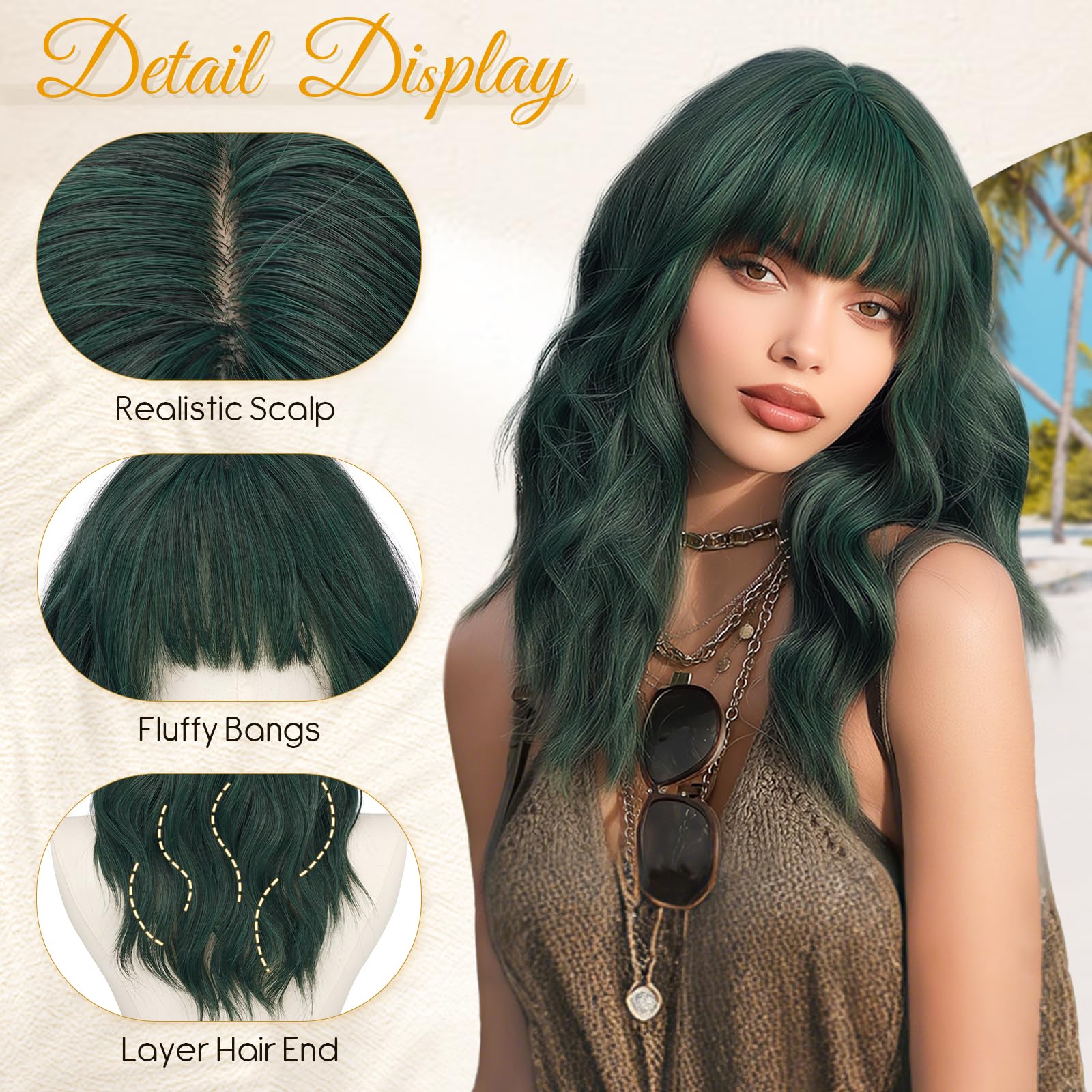 RUWISS Peluca Verde Apagado Ondulada con Flequillo para Mujer, 50 cm Shoulderlongitud Peluca de pelo Sintético en Capas Pelucas con Volumen Natural para Diario y Fiesta — view 3