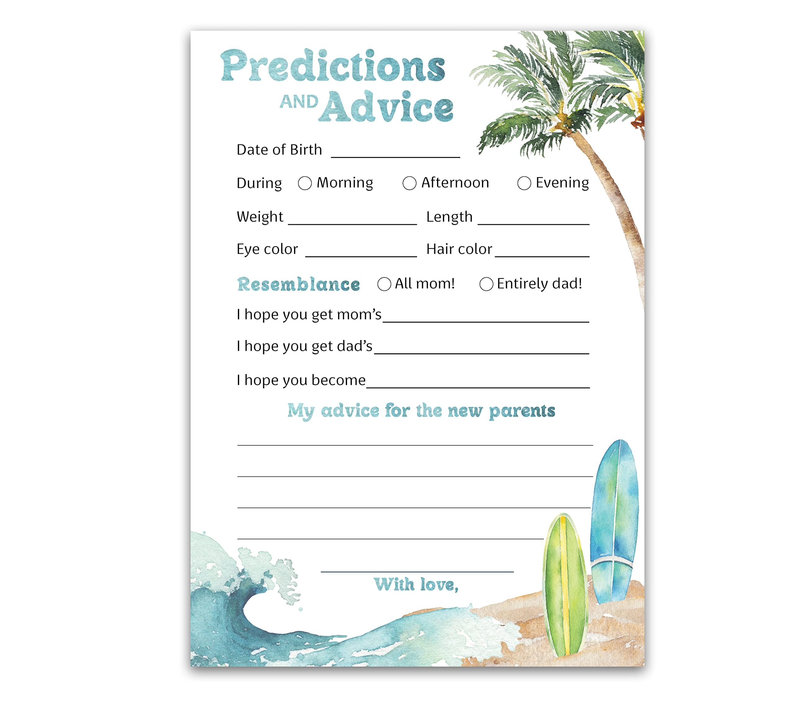 Baby on Board Prediction and Advice Cards - Pack of 25 - Surf Beach Theme Baby Shower Invitations, Wishes for New Parents Mom & Dad to be Mommy &