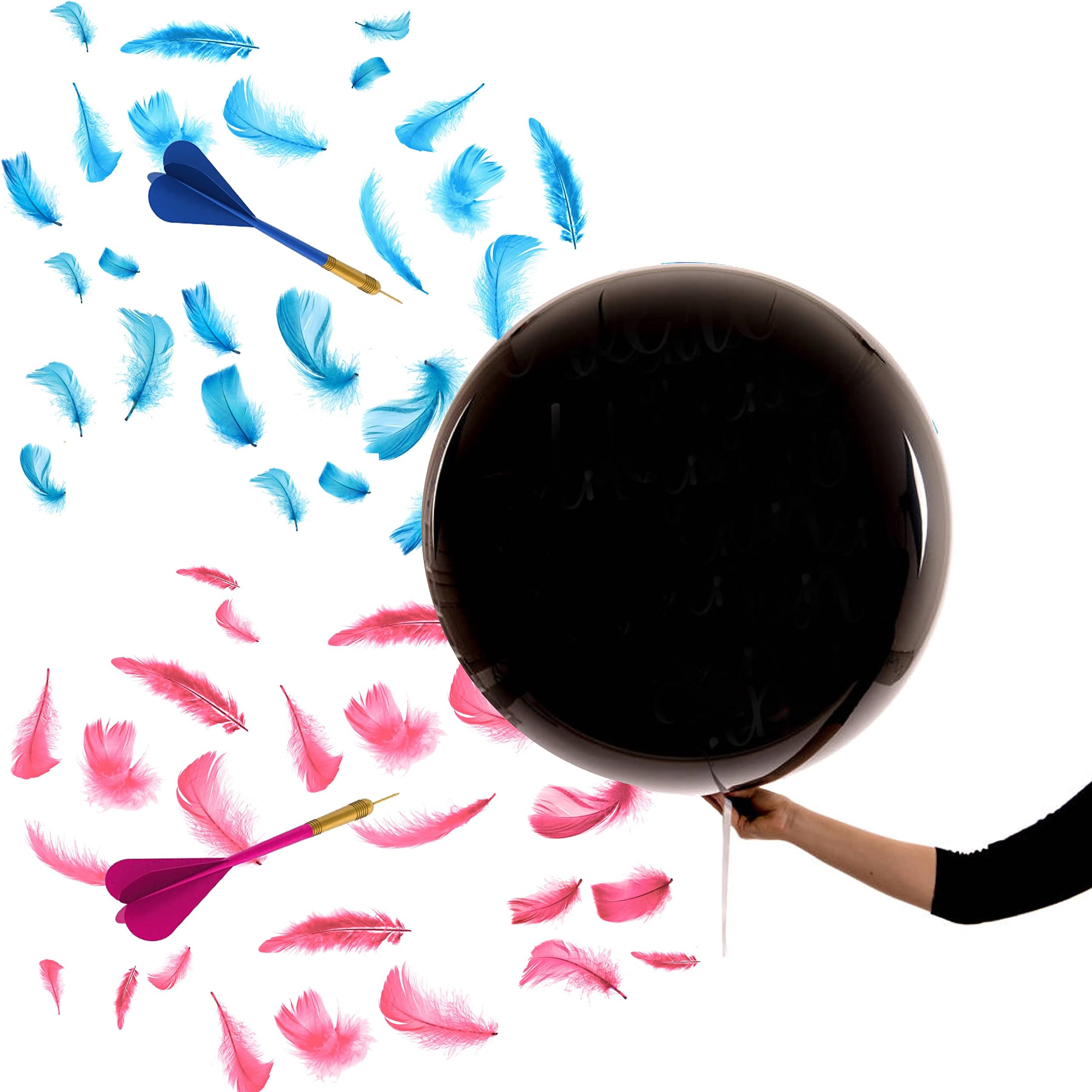 2xGenderReveal KING-SIZE Feathers BIG-BANG - Two 40" Balloons ,One Pink Feathers bag, One Blue Feathers bag, and Two Darts - BabyShower Majestic Bang Gender Reveal