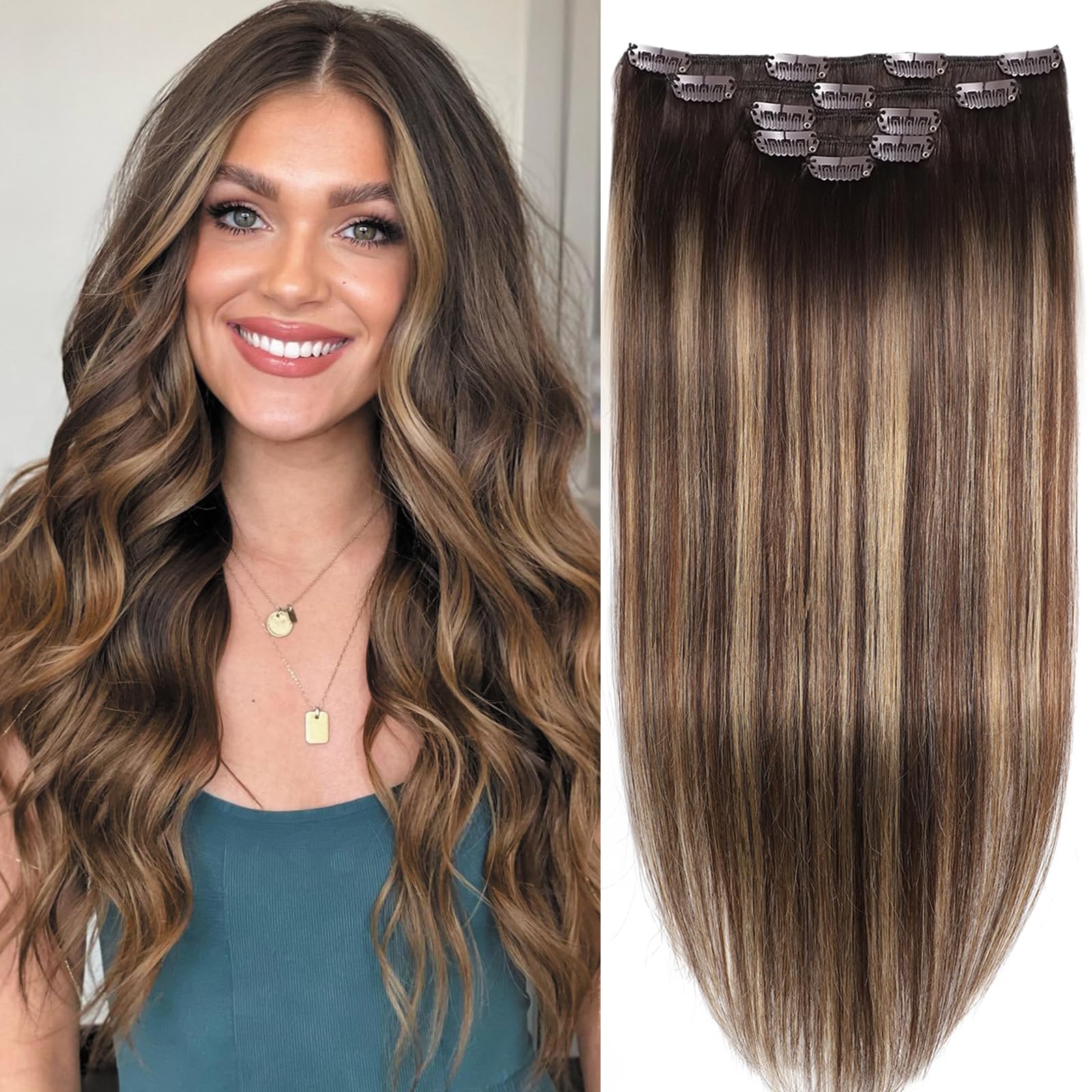 Clip in Hair Extension Real Human Hair Balayage Clip in Extensions for Women 80g/5pcs Balayage Chocolate Brown to Caramel Blonde Human Hair Extensions