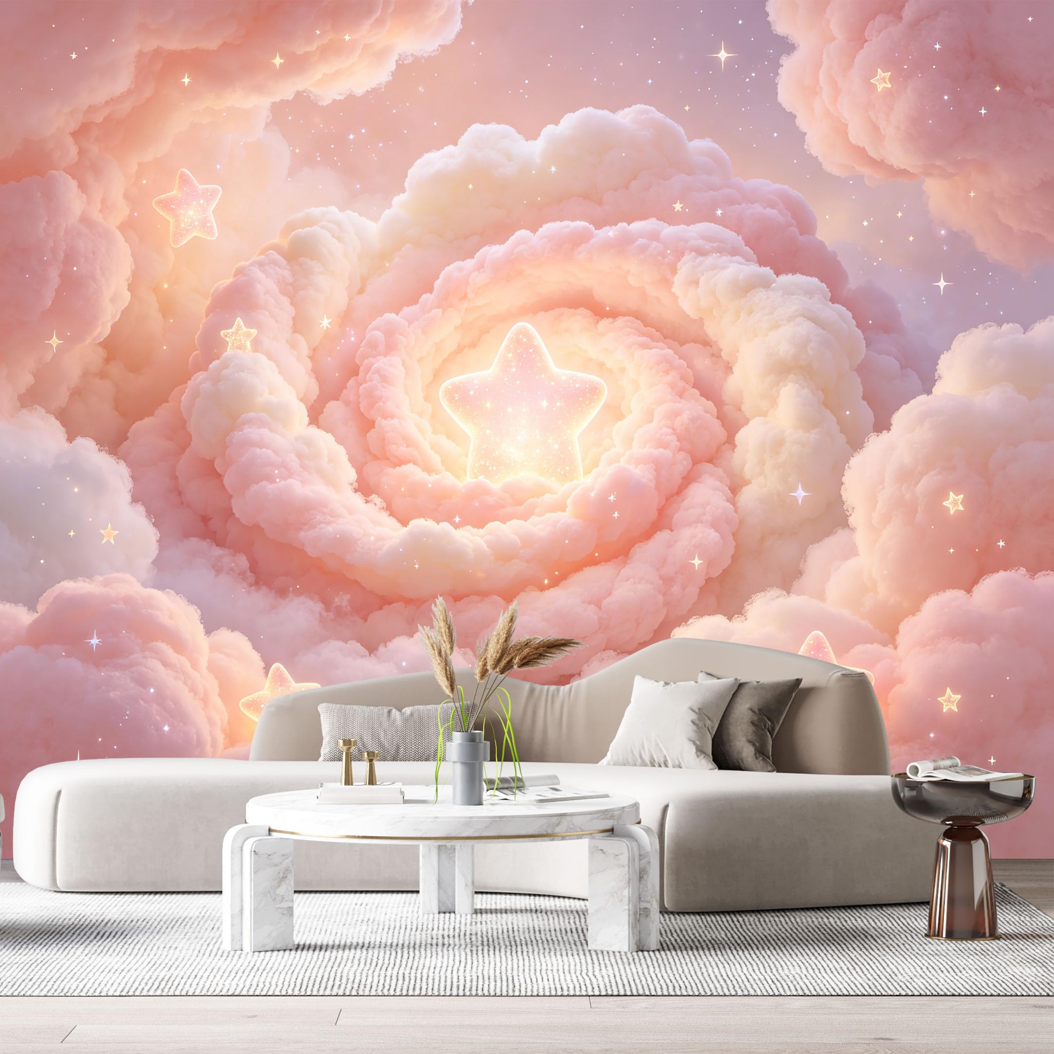 Custom Size Wall Murals Abstract Modern Pink Clouds Glowing Stars Celestial Galaxy SelfAdhesiveWall Fabric Removable Wallpaper Wall Decor for Living Room Bedroom Bathroom