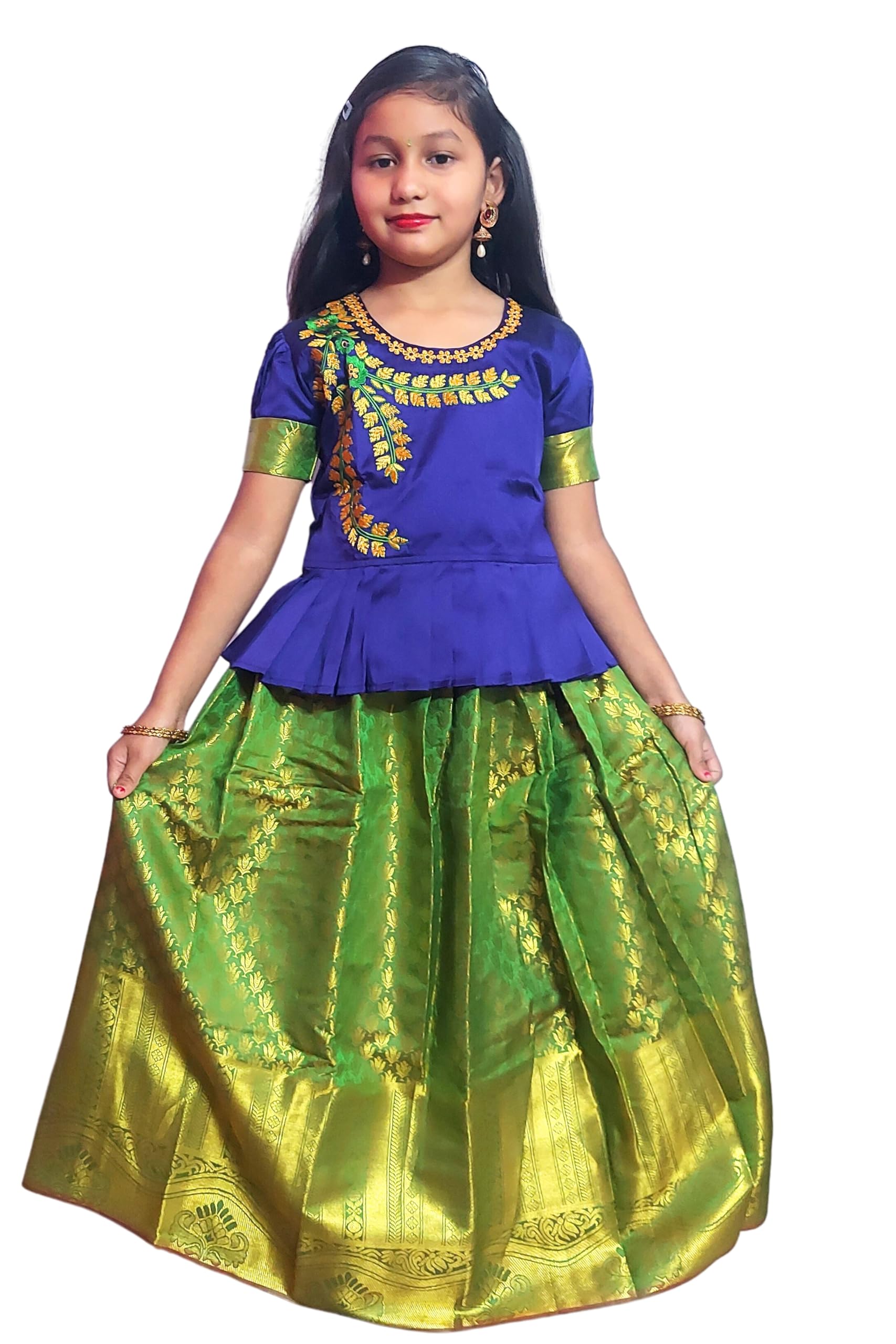 TotzTouch Kids Girls Pattu Pavadai | Lehenga Choli Set South Indian Traditional Wide Zari Border Embroidered Jacquard weave Ethnic Wear Red, Pink, Violet, Blue, Green, Sizes 1 to 10 Years