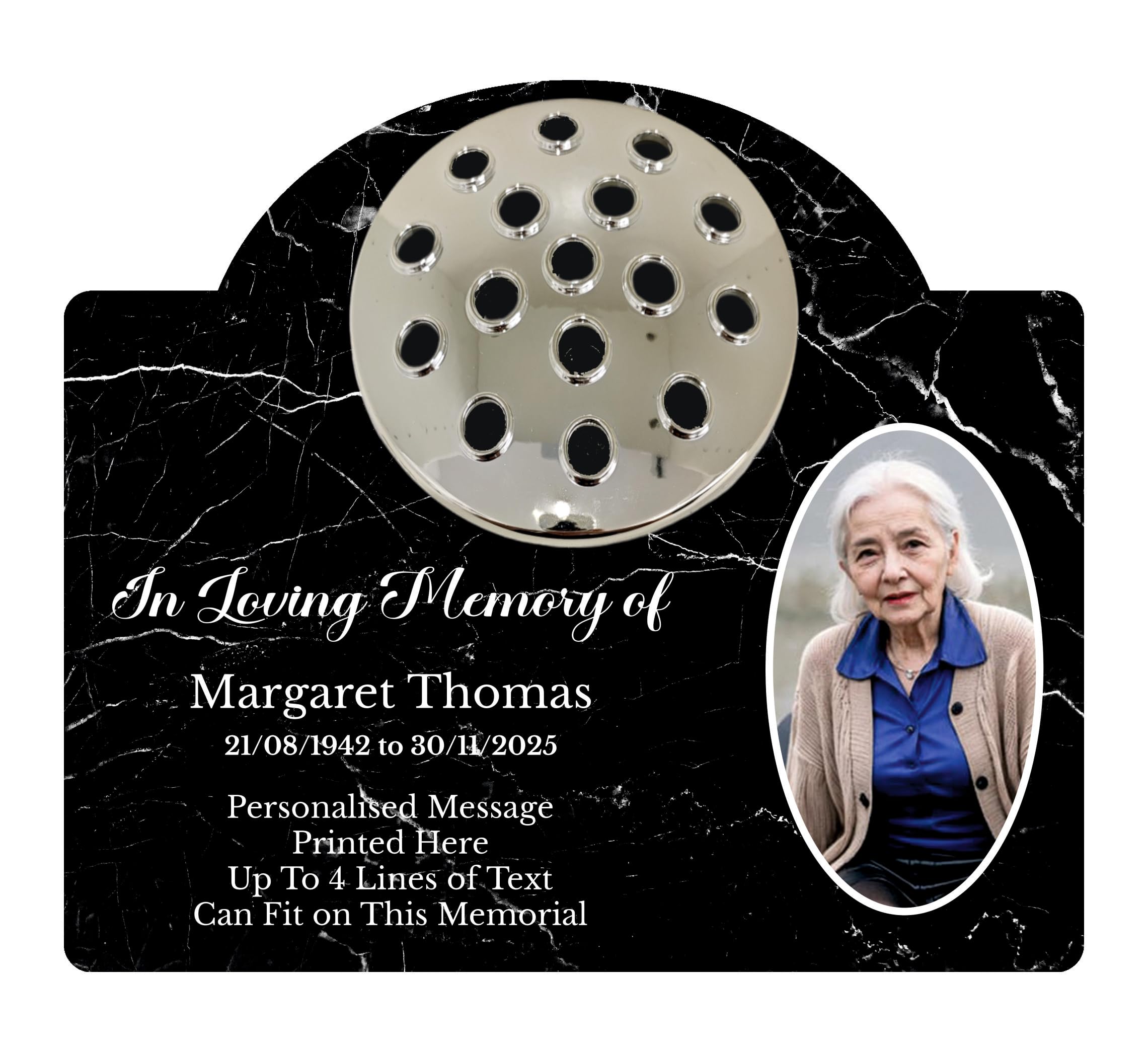 1stclassgifts Personalised Metal Grave Stone Marker Headstone Memorial Plaque, In Memory Sign Remembrance Your Photo Grave Vase Flower Holder (UV PRINTED) (Black Marble, Silver Lid)