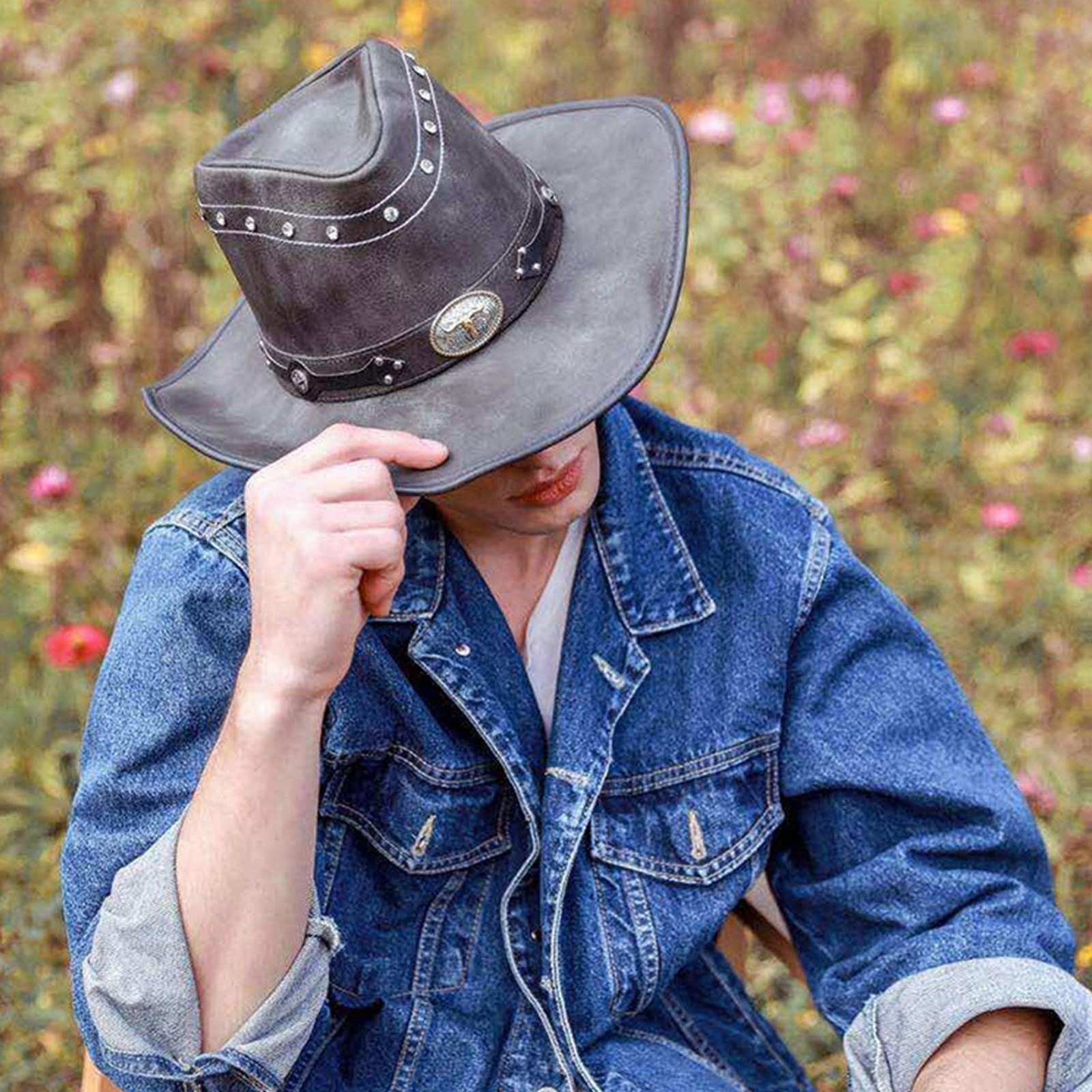 Chapeau Cowboy Western Large Bord En Cuir Synthétique – Style Ethnique Cool Avec Tête De Bœuf Métal, Pour Homme Et Femme