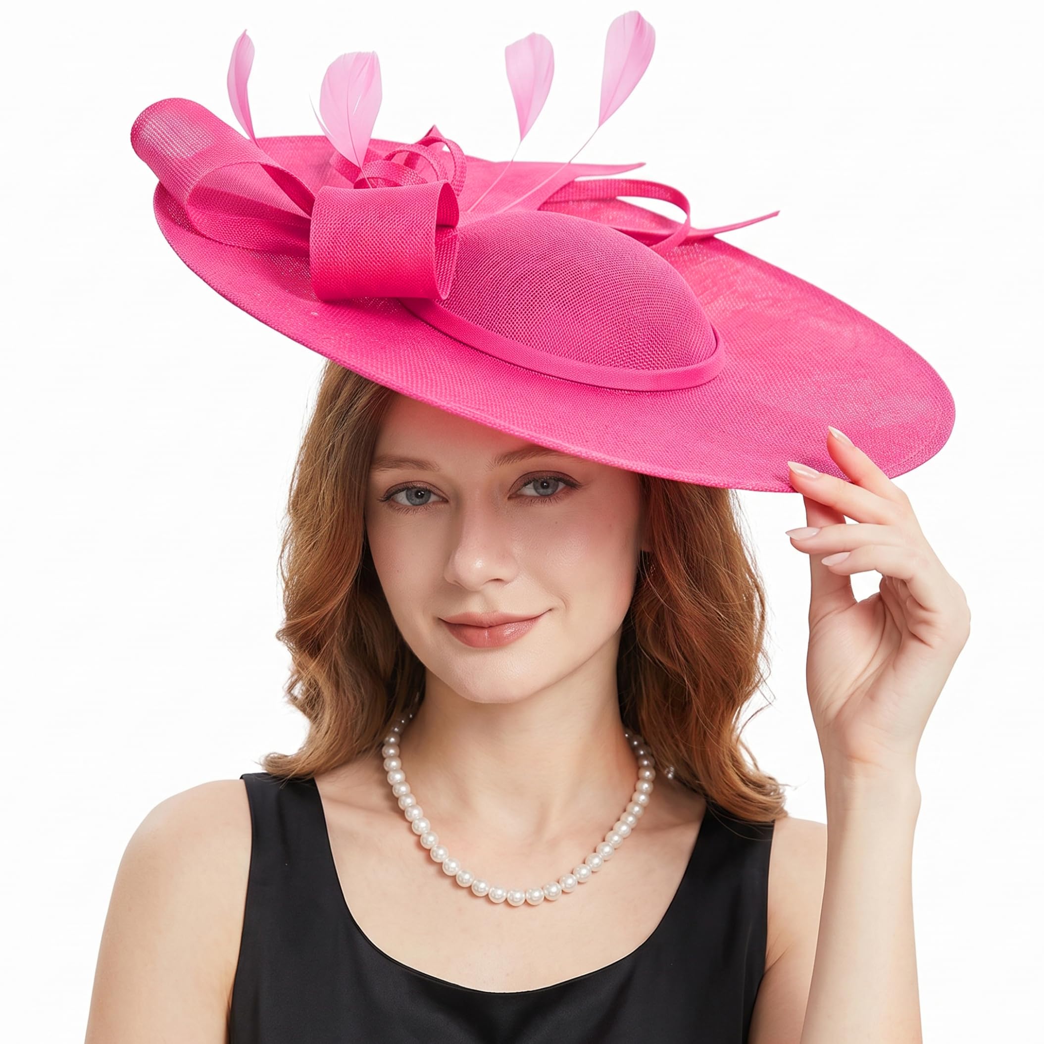 Cappelli da tè da donna, cappelli da fascinator con fiocco da donna rosa rosso 40 cm
